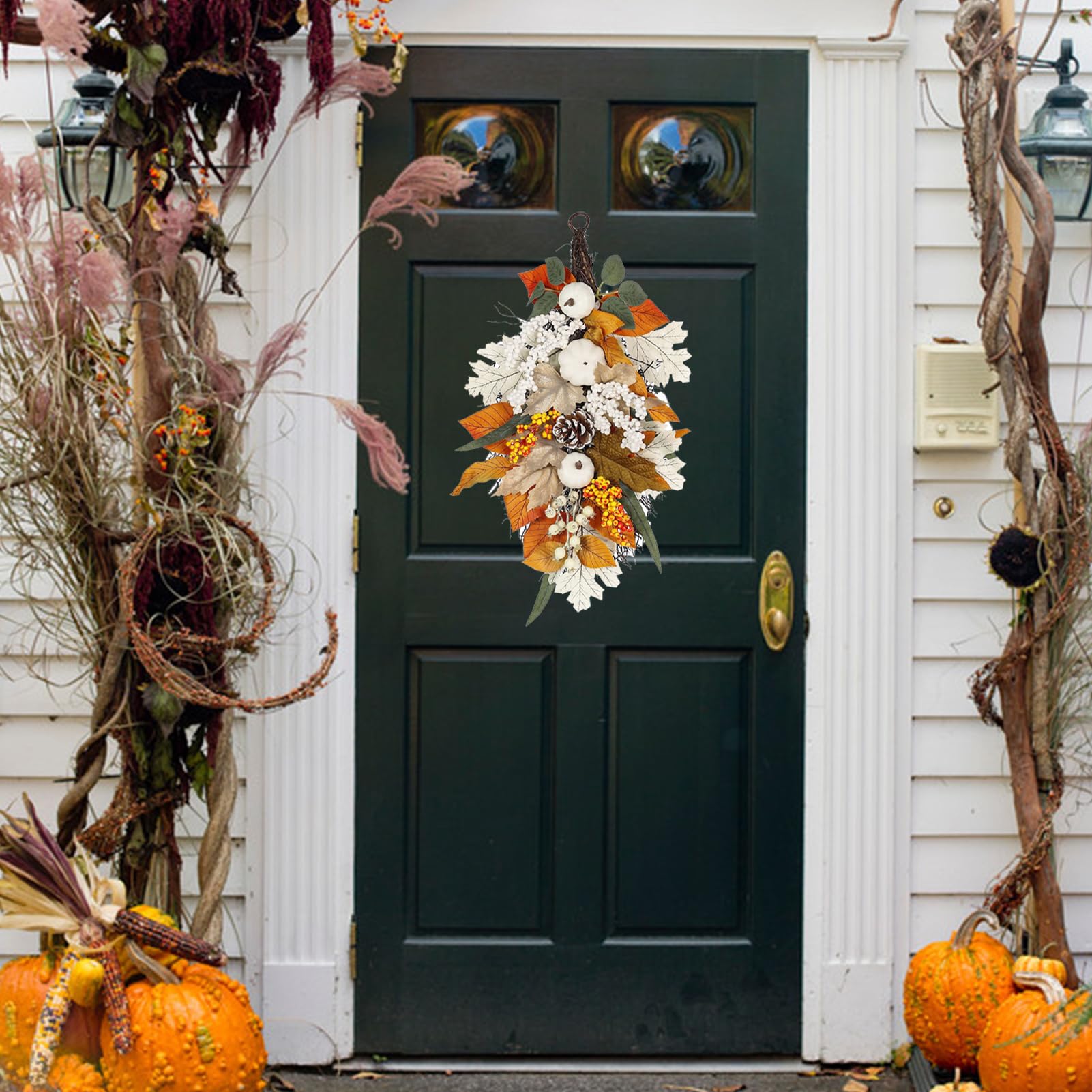 Couronne Automne Avec Lumières LED - 40 Cm, Feuilles D'érable, Citrouilles, Pour Porte Intérieur/extérieur