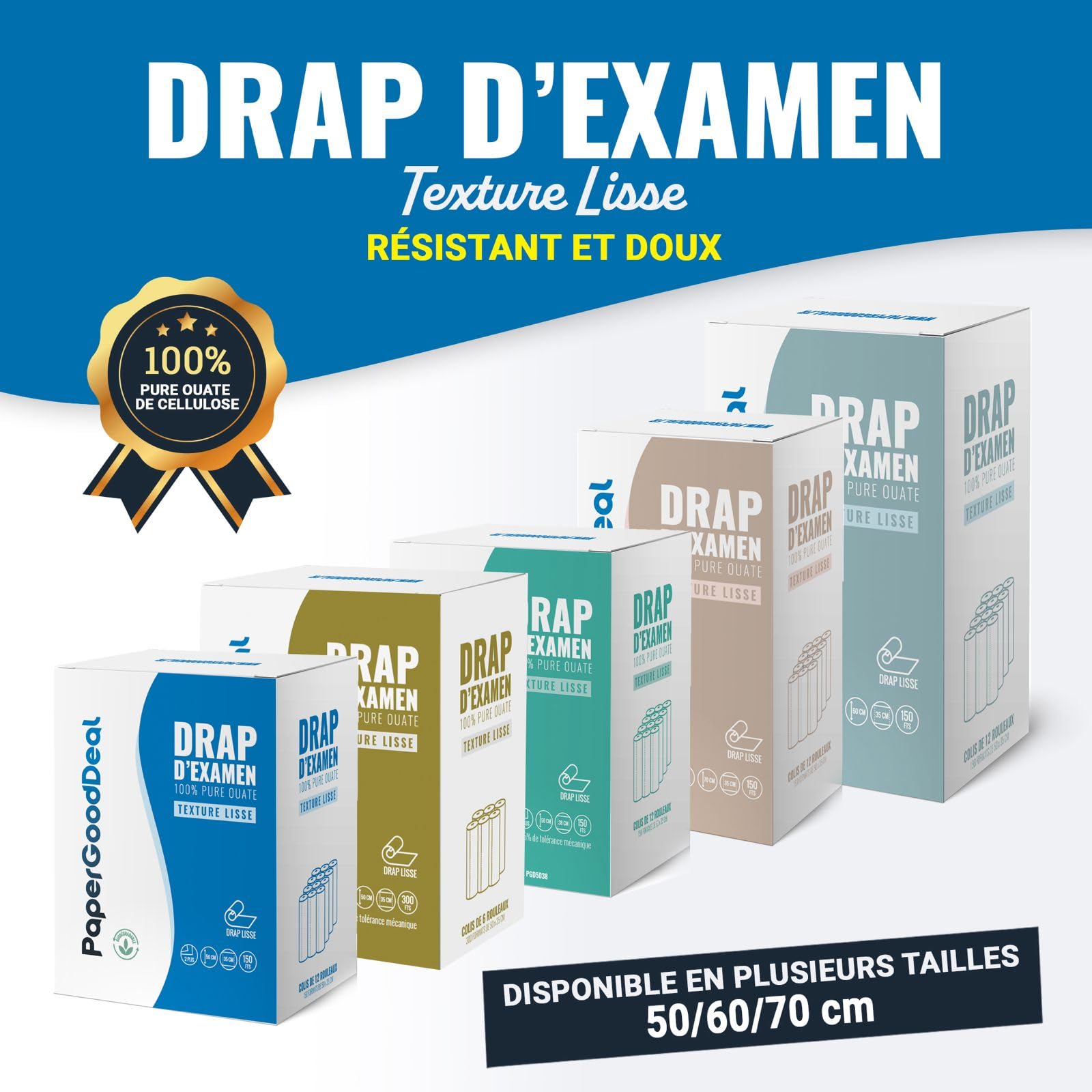 12 rollos de 150 hojas, sábanas de examen de gran ancho 60 cm, 2 capas de 2 x 19 g/m² para mesa médico-masaje-cuidado estético naturópata 100% pura guata de celulosa precortada cada 35 cm