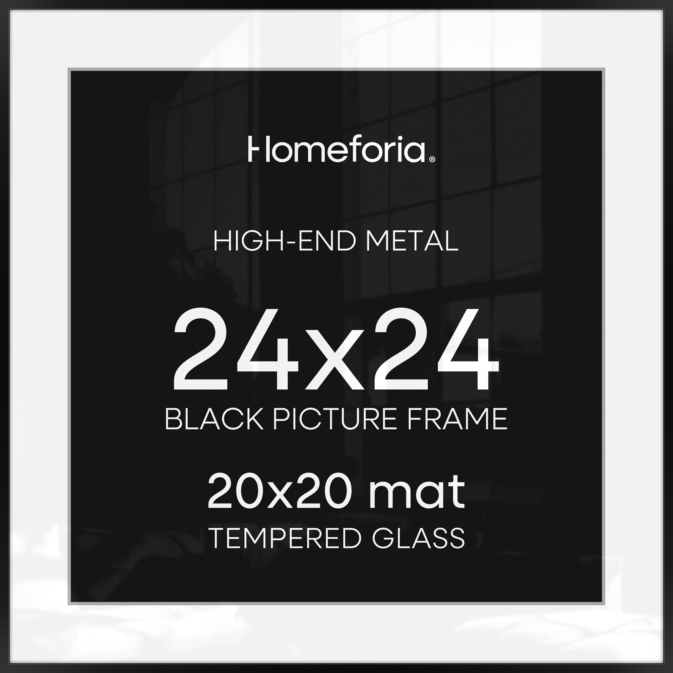 Homeforia 24x24 Picture Frame Black, High End Metal 24 x 24 Large Square Poster Frame Matted to 20 x 20 in Photo, 24by24 Thin Black Frames with Mat 20x20 inch Print, Tempered Glass, Wall Kit, Set of 2