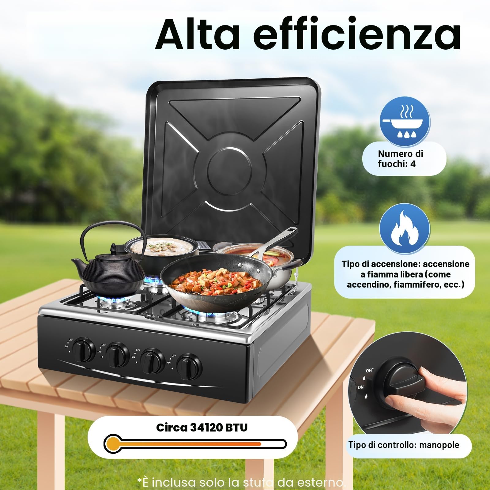 Fornello a gas 4 fuochi rettangolare NG/LPG con supporto antiscivolo nero