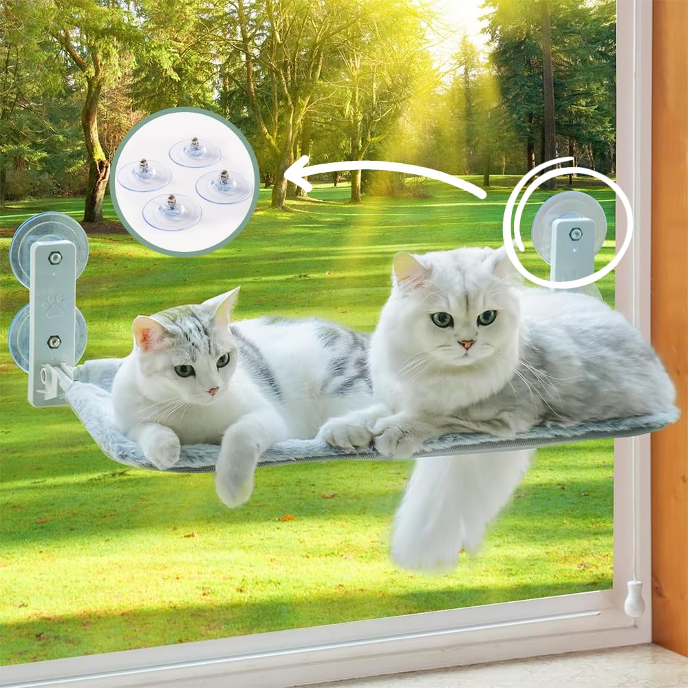 Hamac Chat Fenetre Pliable | Lit pour Chat avec Ventouses Renforcées | Tapis Réversible et Lavable Jusqu'à 18kg | Offert 3 Jouets + 2 ventouses de rechanges (Gris fenetre)