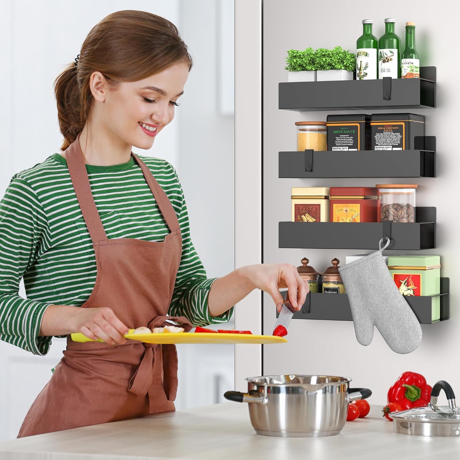 Especiero Estantería de Especias Portaespecias Paquete De 6 Estantes Magnéticos Para Especias, Organizador De Especias De Montaje En Pared De Acero Al Carbono Para Refrigerador Y Horno, Estante De Alm