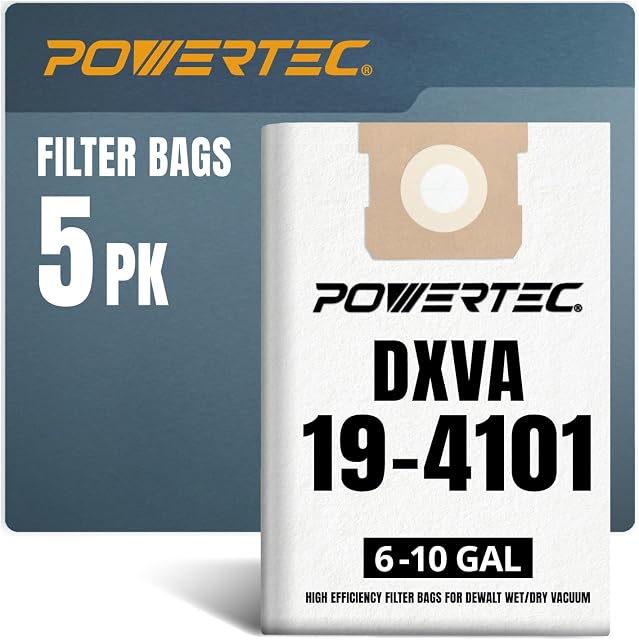 POWERTEC DXVA19-4101 Vacuum Bags 5PK for Dewalt DXV06P, DXV09P, DXV10P 6-10 Gal Dust Extractor, Replacement Shop Vac Bags, Dust Bag for Dewalt Wet Dry Shop Vacuum (75063)