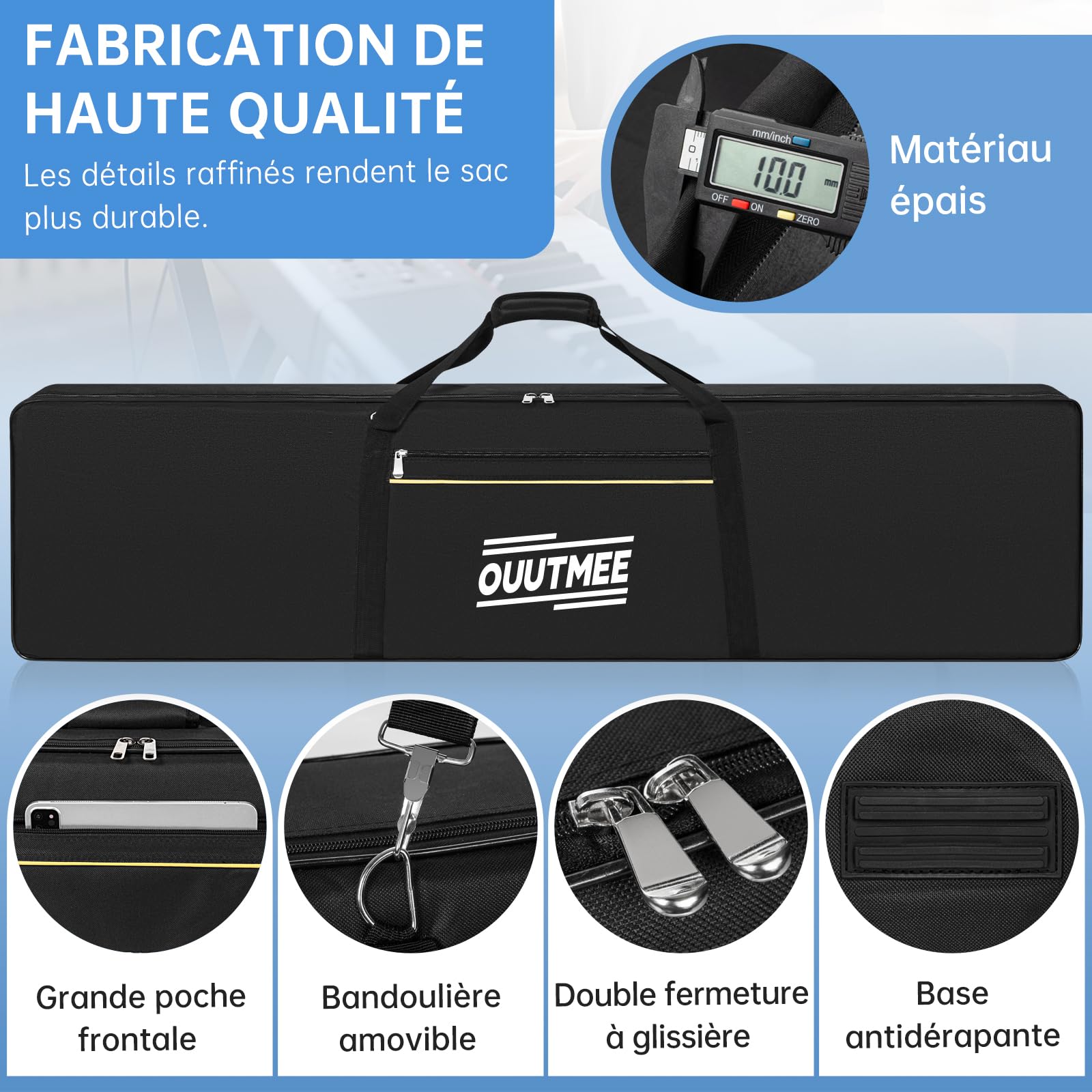 OUUTMEE Housse pour Clavier 88 Touches, Sac pour Clavier 88 Touches en Tissu Oxford 600D, Sac de Transport pour Clavier Piano Électrique 10MM Rembourré avec Poignées et Bandoulière Réglable (Noir)