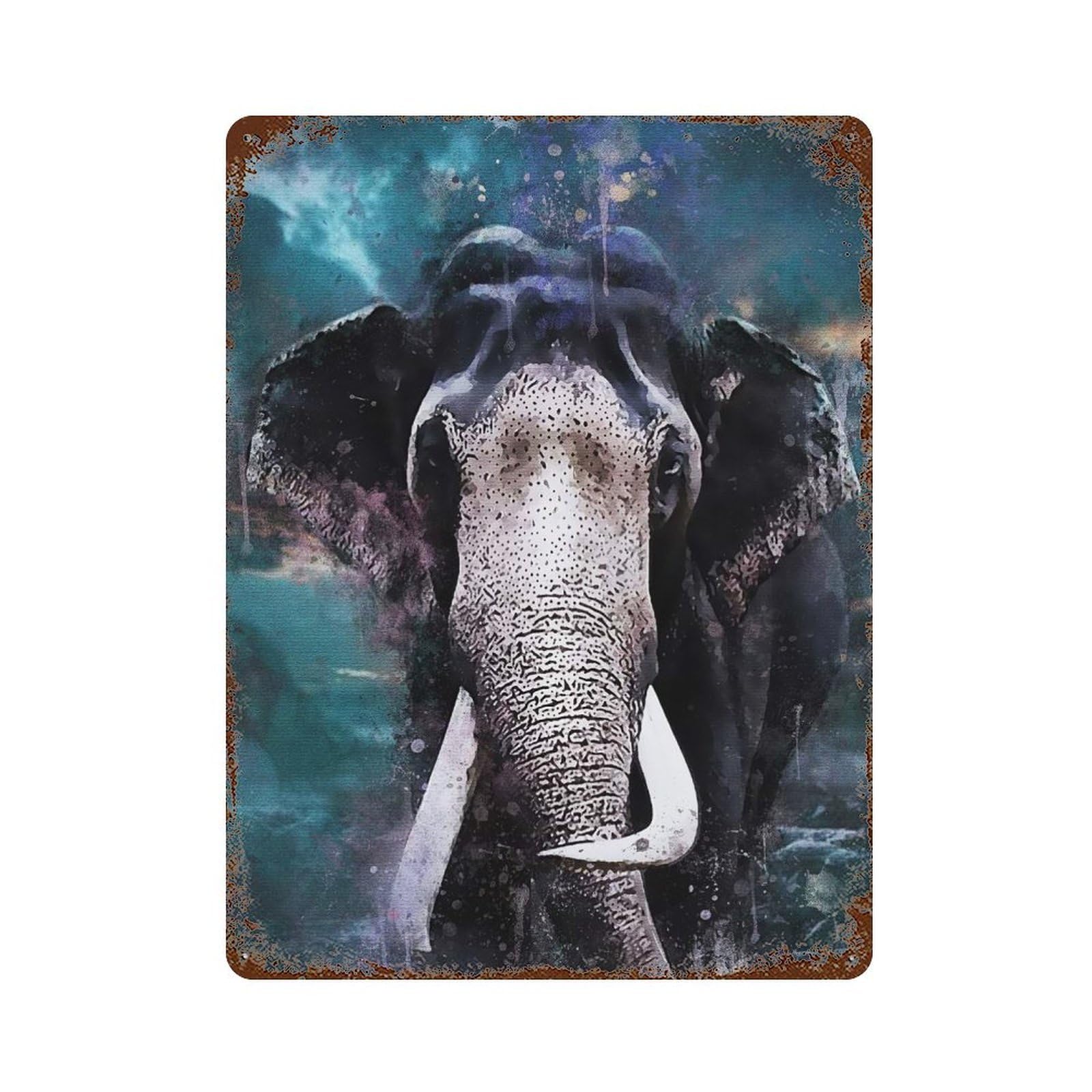 Splatter Elephant 15.7"x11.8" Distressed Metal Wall Sign, Shabby Chic Decor for Shed, Workshop And Garage Wall Decor