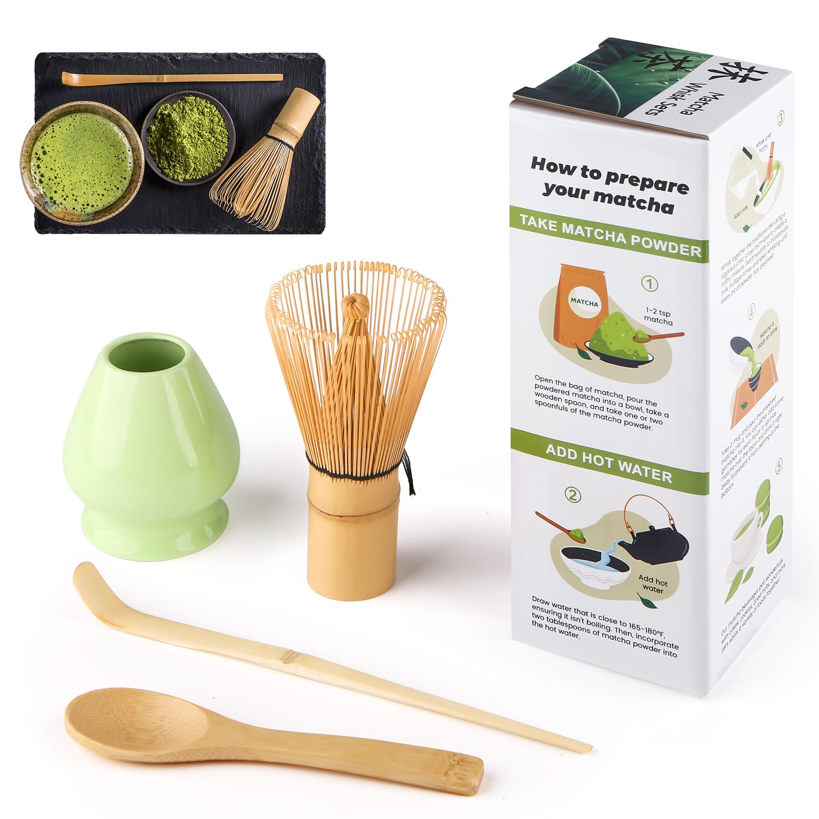 Kit Matcha Set 4 Pezzi - Frusta In Bambù, Cucchiaino, Porta Frusta In Ceramica (Ciano) - Foto 11