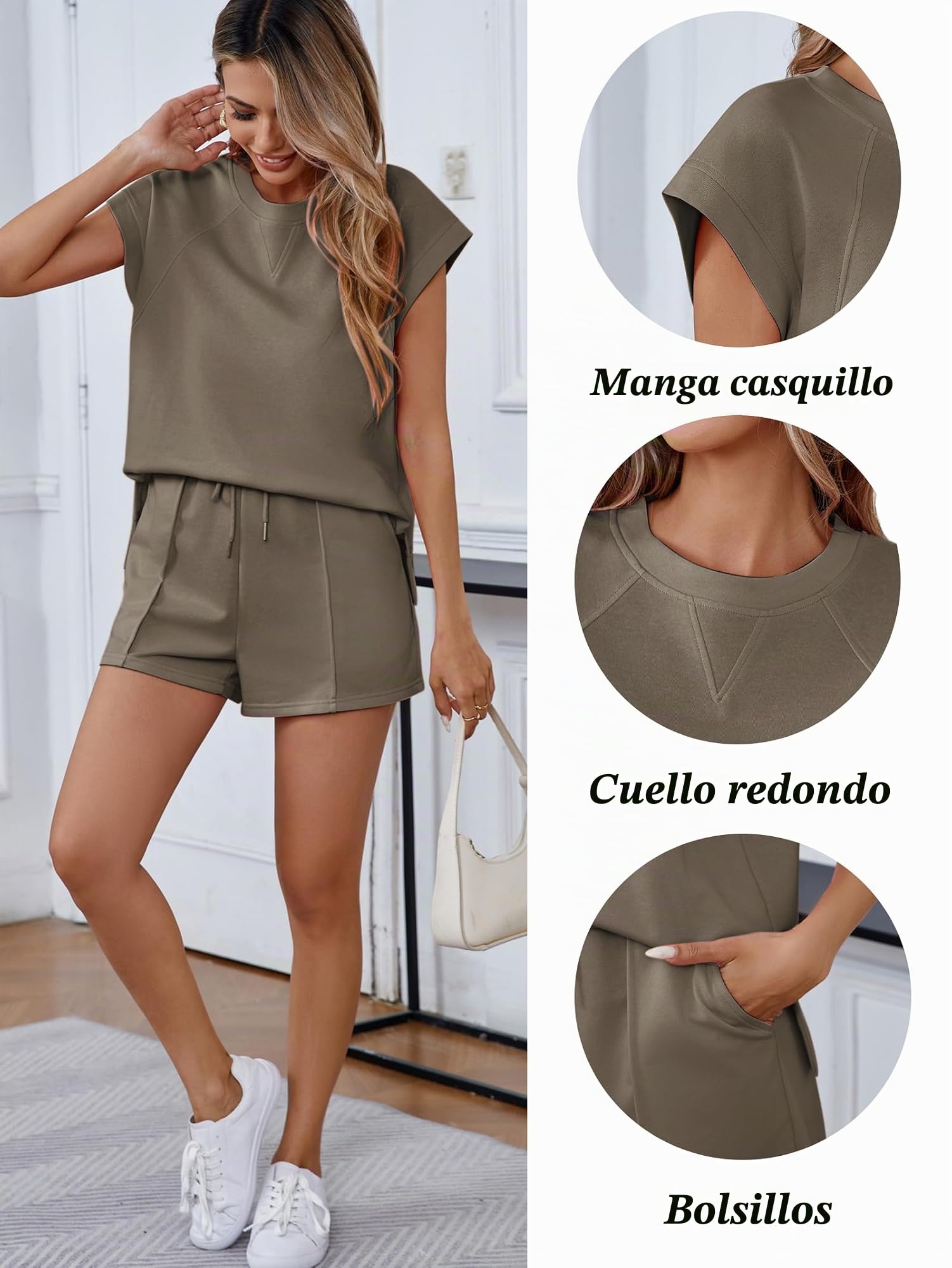 Famulily Conjunto de chándal de manga corta para mujer, cuello redondo, camisa con abertura lateral y pantalones cortos con costuras pellizcadas, conjunto de verano, tallas S-XL