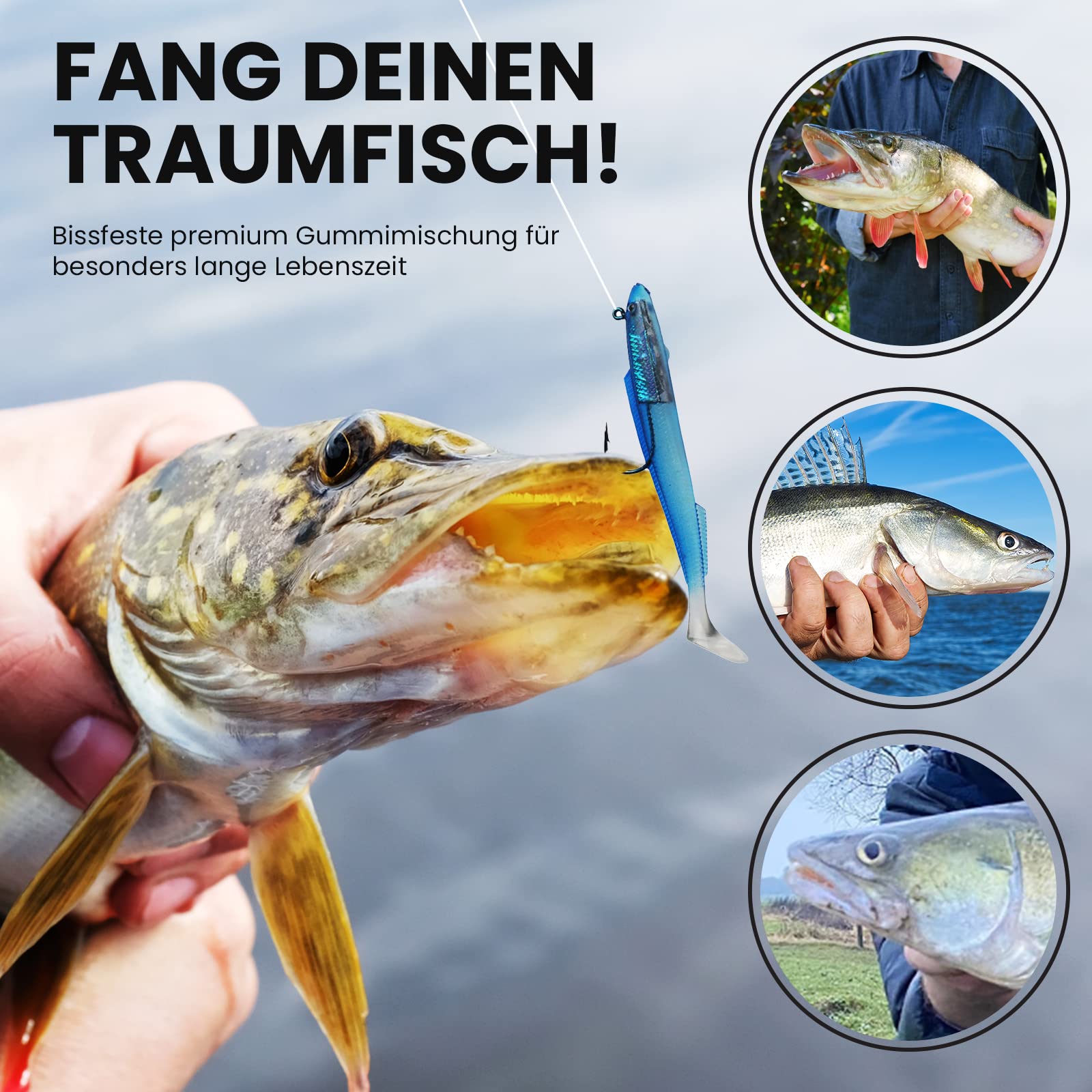 Peces de goma con cabeza de jig, 15 cm, 30 g, 6 unidades, cebo de goma para lucioperca y otros peces depredadores