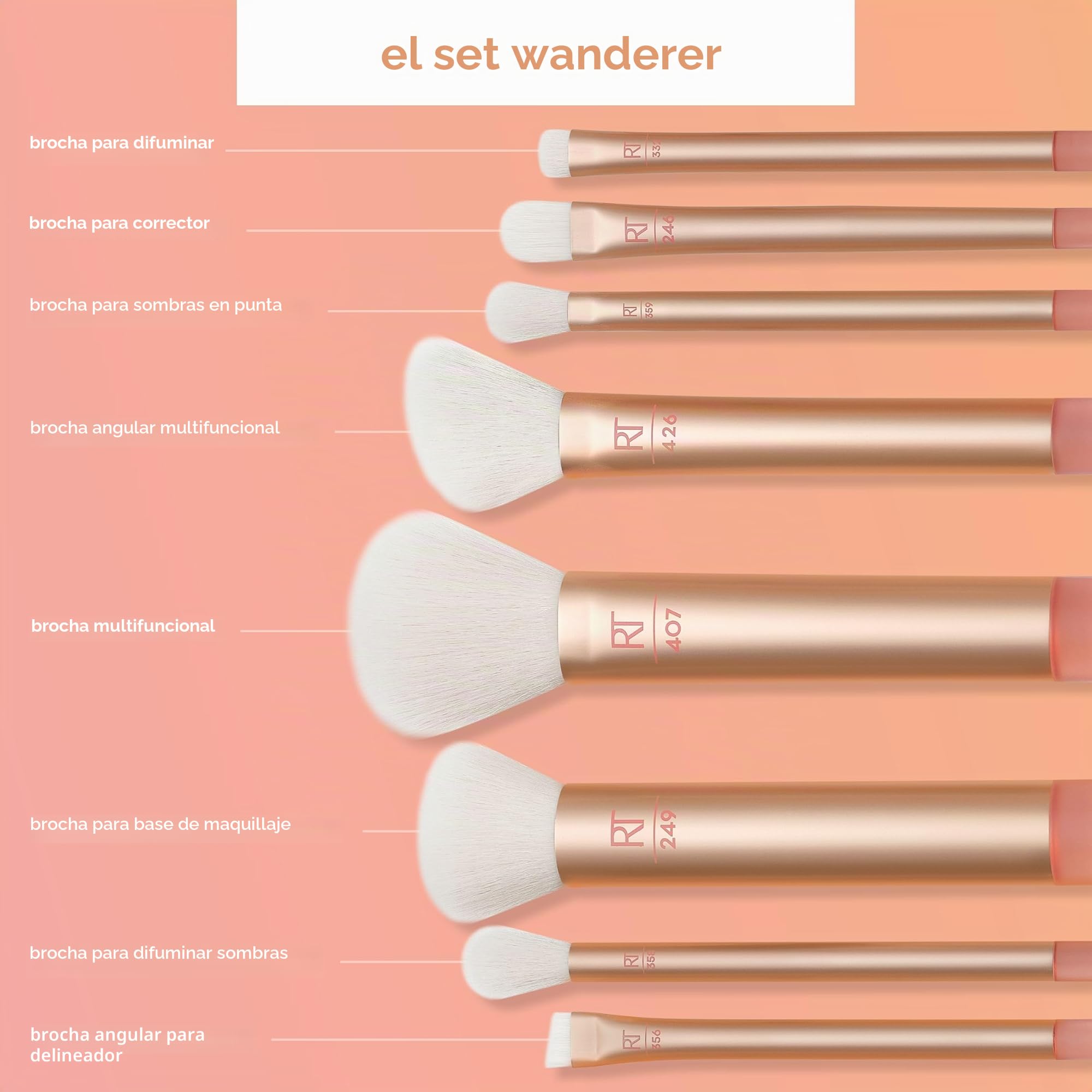 REAL TECHNIQUES Kit de brochas de maquillaje The Wanderer, premium y profesional, juego de 8 brochas de tamaño mediano con bolsa y cerdas suaves, para bases, polvos y correctores, dorado