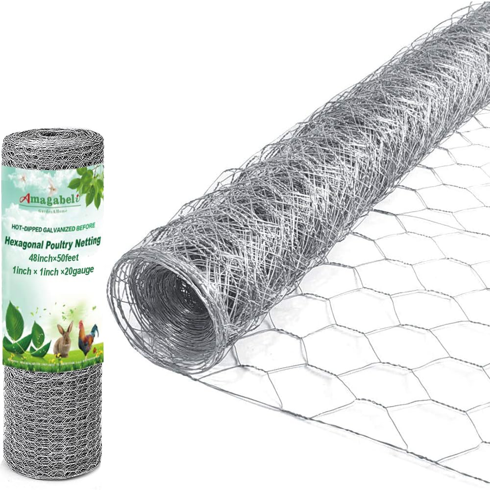 Amagabeli Chicken Wire 1 inch 48inchx50ft Hexagonal Poultry Netting Galvanized Mesh Fence 20gauge Large Frame with Chicken Netting Rabbits Pets Dog