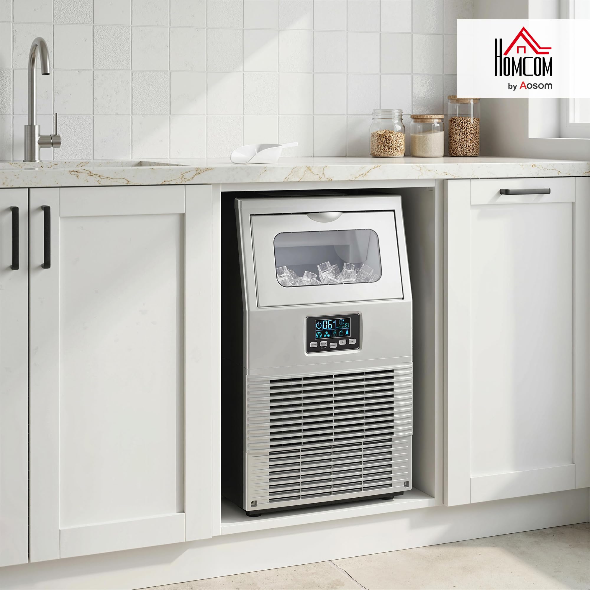 HOMCOM Kommerzielle Eiswürfelmaschine 30kg/24H Eismaschine mit digitaler Steuerung, Eisportionierer, selbstreinigend Ice Maker Machine aus Edelstahl für Büro, Restaurant, Bar, Café