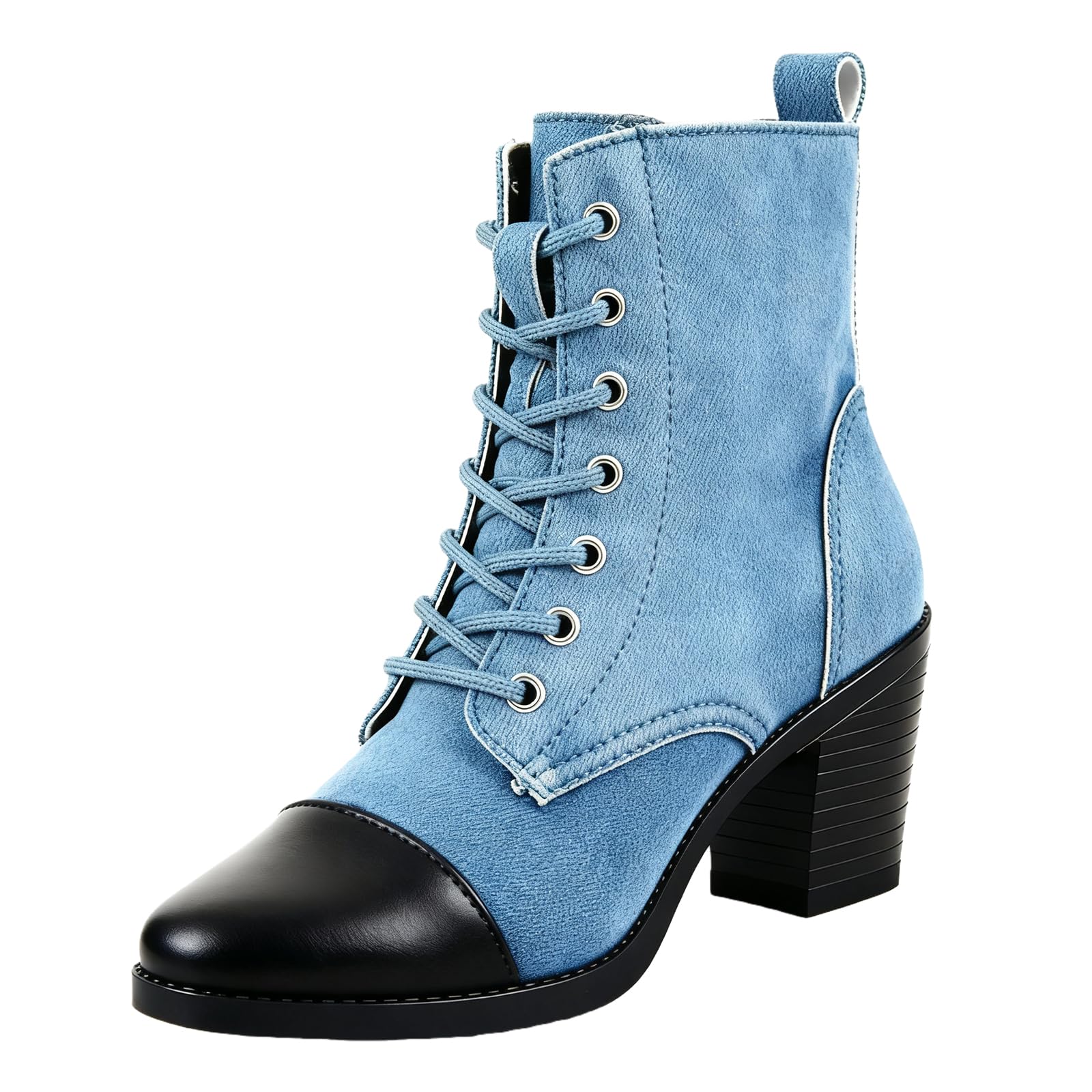 Womens Square Toe Chunky Heel Ankle Boots Fashion Comfortable Lace-Up Stacked Mid Heeled Short Booties For Office Business