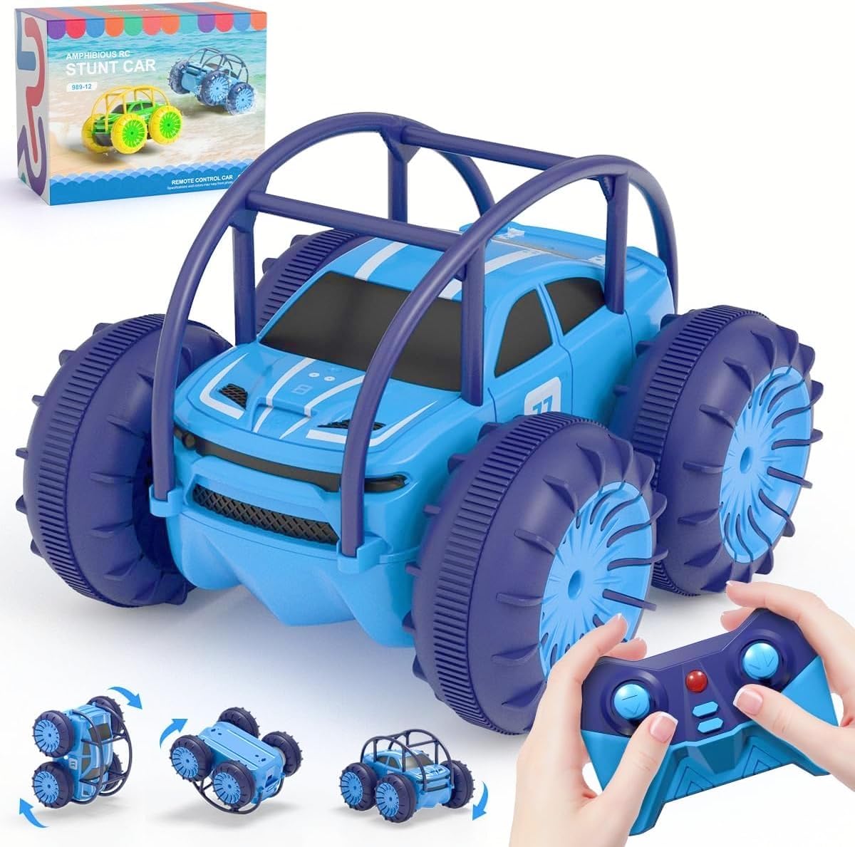 ifollower Voiture Télécommandée à Charge Directe, 15 km/h 4WD Véhicule Amphibie Cascadeur, 2.4 GHz Rotation à 360° avec LED Colorée, Jouets Tout-Terrain, Cadeaux pour Enfants de 3-12 Ans