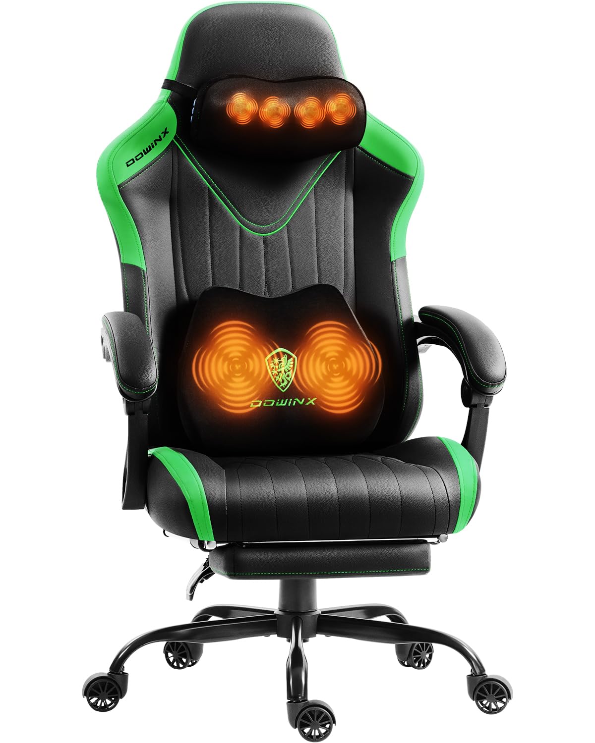 Dowinx Gaming Video Gaming Chair with Shiatsu Neck Massage and Lumbar Support for Home Office High Back Recliner Height Adjustable Ergonomic Comfy Leather Computer Desk Chair (Green)