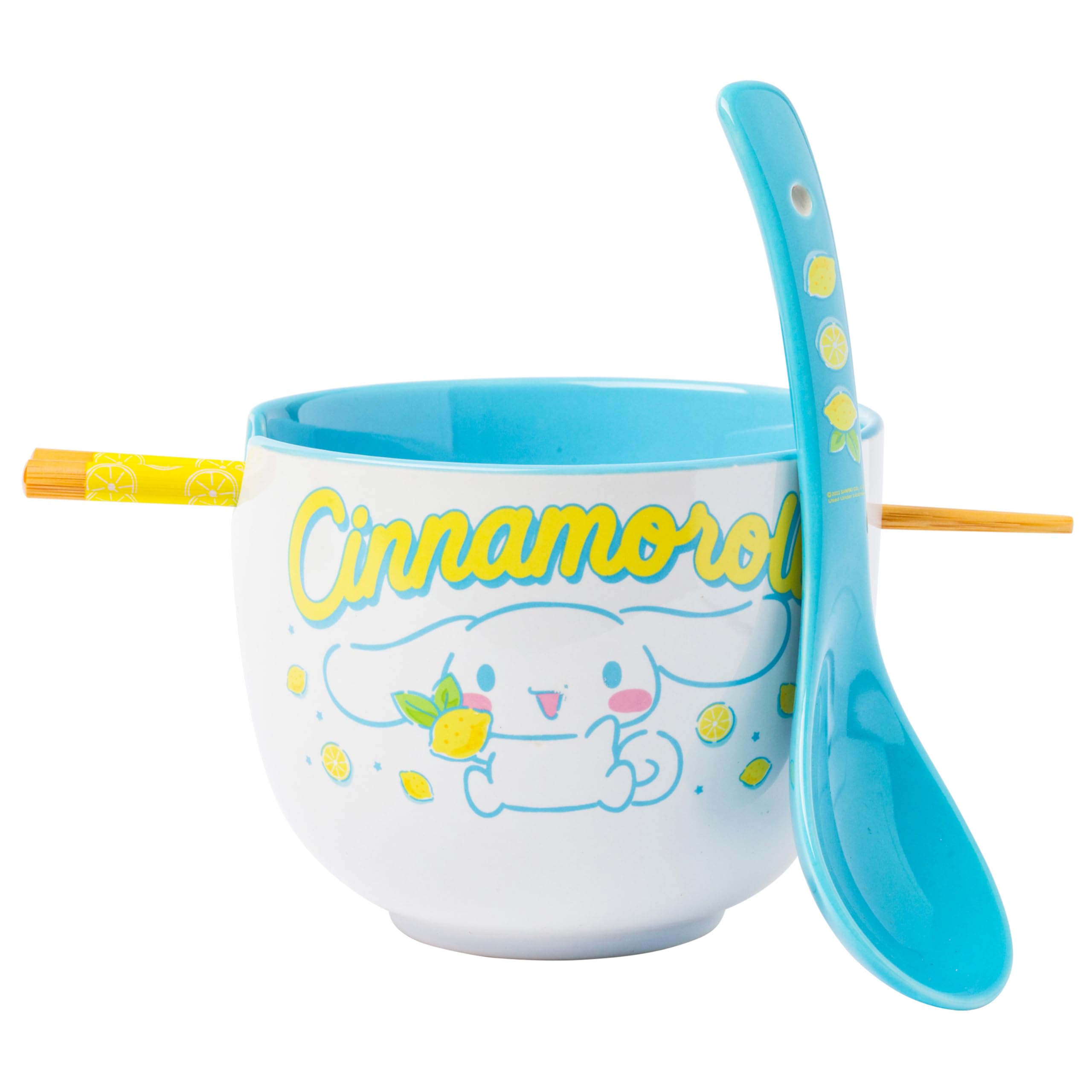 Sanrio Hello Kitty and Friends Cinnamoroll Lemons Ceramic Ramen Noodle Rice Bowl with Chopsticks, Microwave Safe, 20 Ounces