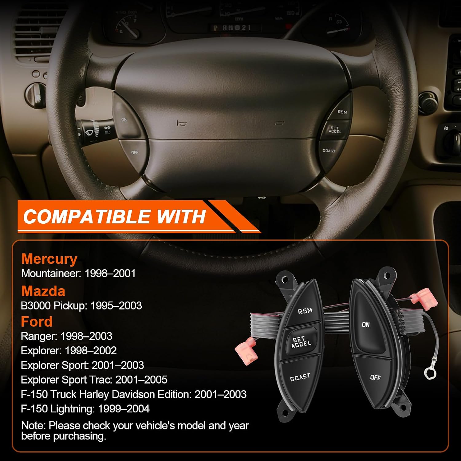 Steering Wheel Mounted Cruise Control Switch Button Kit Compatible with Ford Ranger 1998-2003 Explorer F-150 Explorer Sport Trac Mercury Mountaineer Fit for Mazda B3000 Pickup Replaces F87Z9C888BB