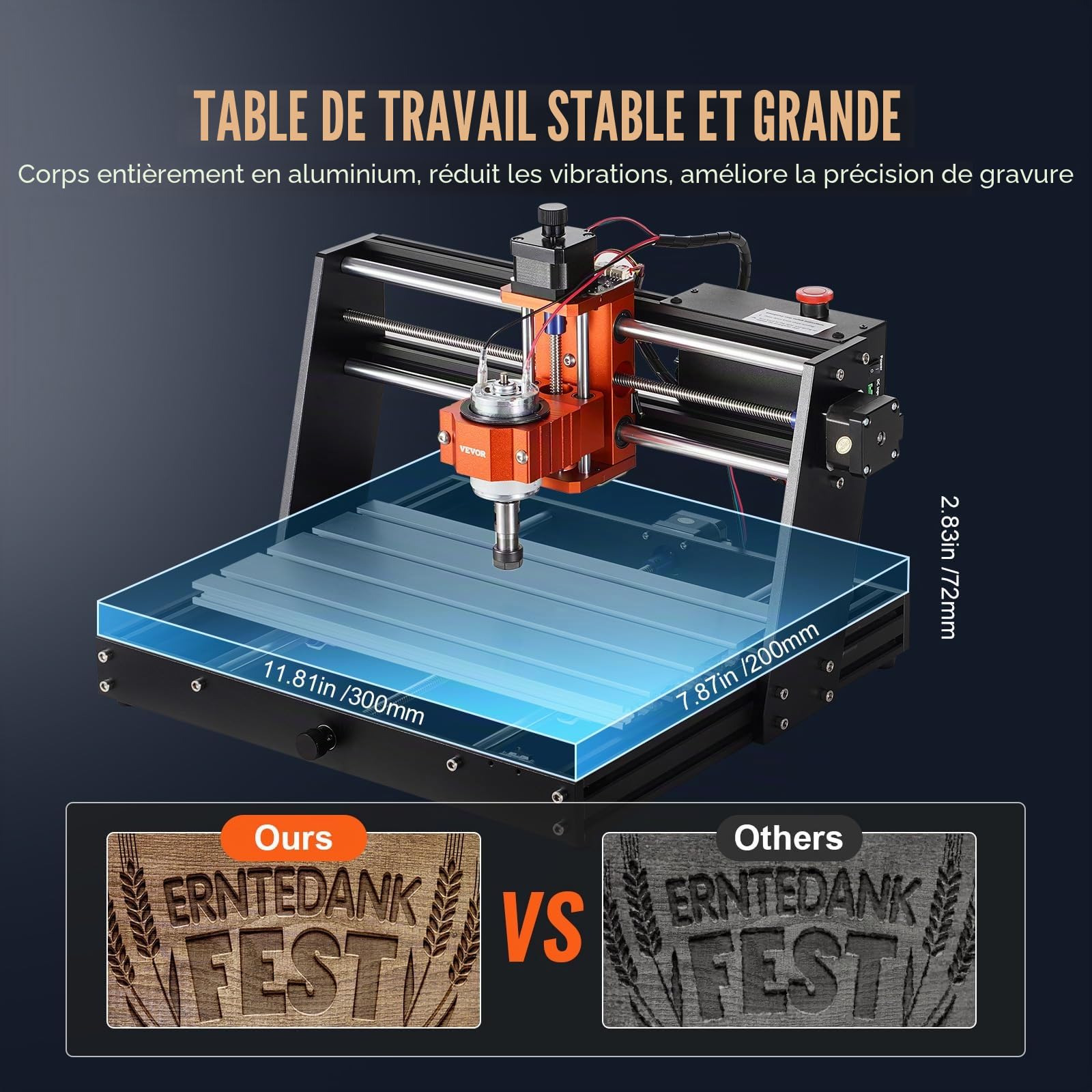 VEVOR Machine Gravure CNC, 120 W, Kit Routeur à Bois 3 Axes GRBL Contrôle Hors Ligne Zone de Travail 300x200x72 mm, Outil de Fraisage Alliage d'Aluminium pour Bois Acrylique MDF PVC Mousse Plastique