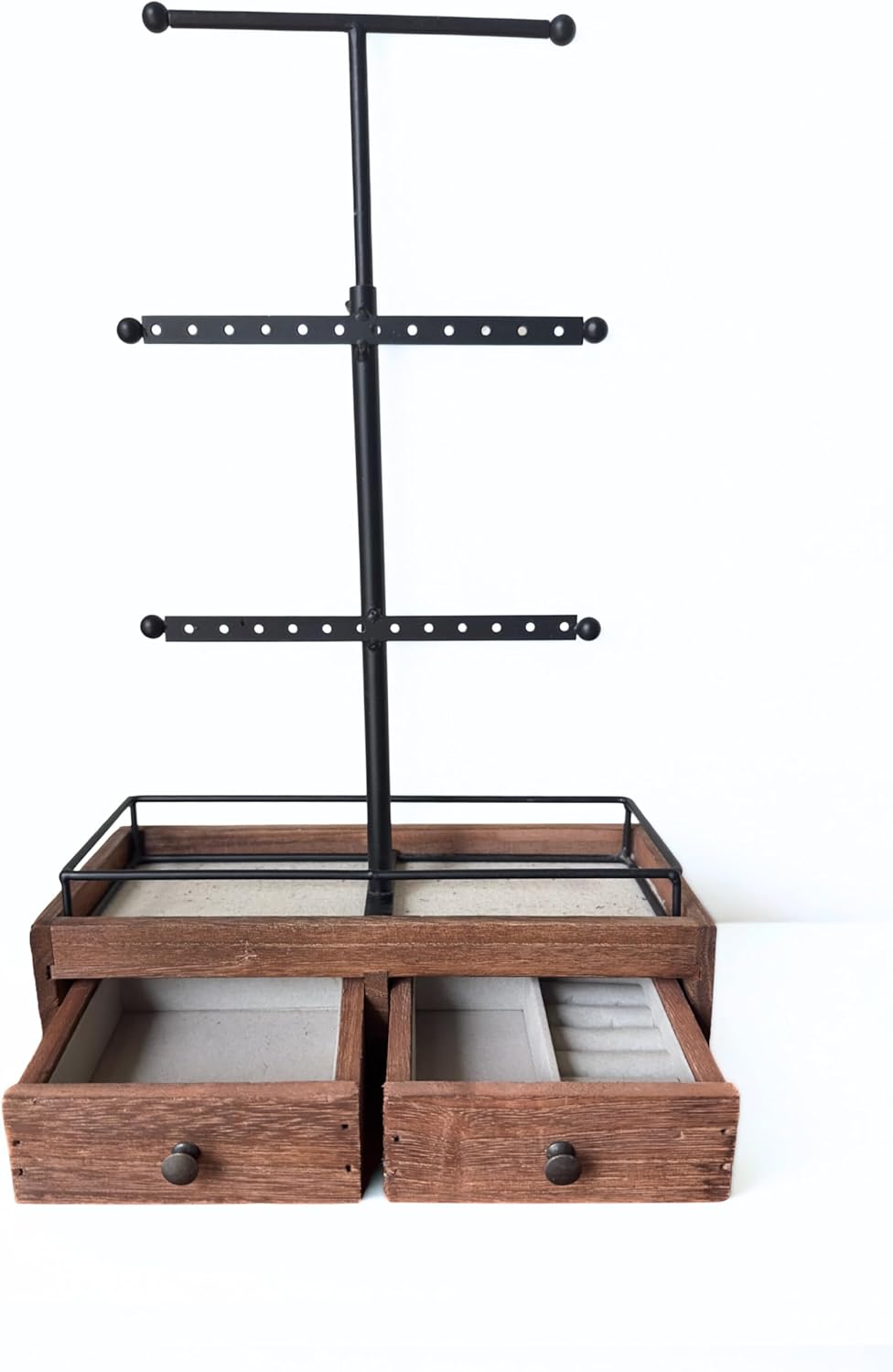 VALMS Jewelry Organizer standing Metal and Wood with 2 storage box.Jewelry Adjustable Stand for Necklaces -Bracelet -Earrings -Ring,carbonize black,small