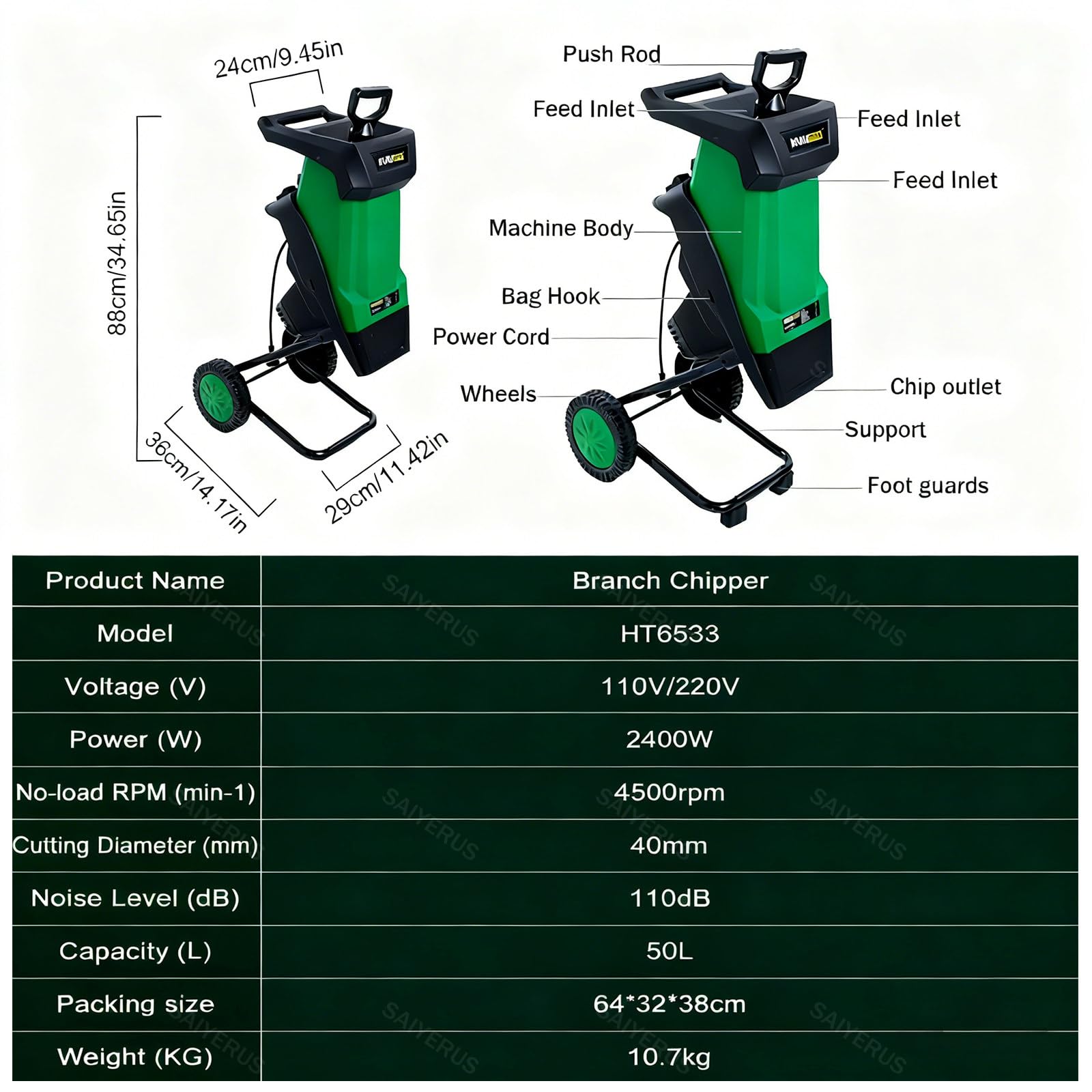 Trituratore elettrico da giardino da 2400 W, trituratore multifunzionale per rami di foglie, con sacchetto per detriti, capacità di taglio 40 mm per rami, ramoscelli, foglie