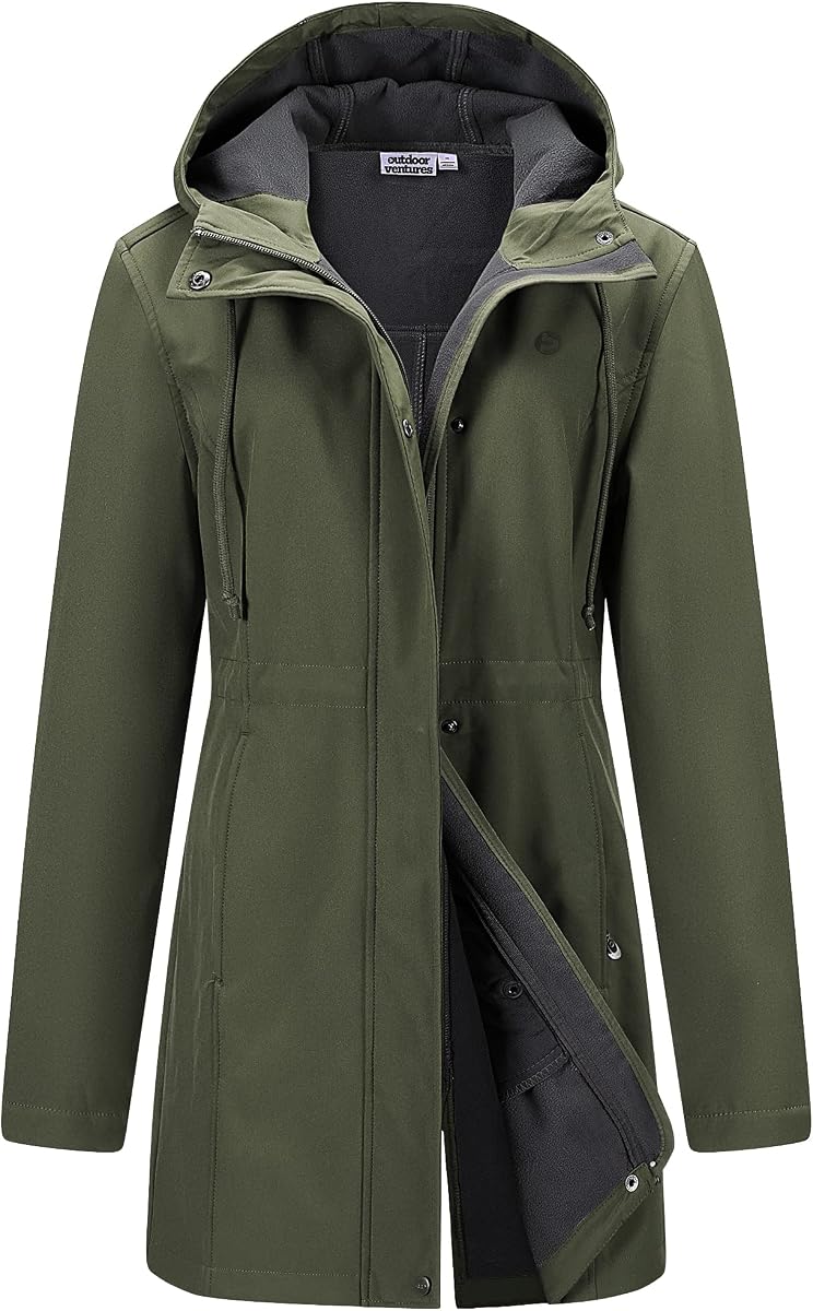 Outdoor Ventures Chaqueta impermeable ligera con forro polar y capucha para mujer, abrigo largo cortavientos cálido