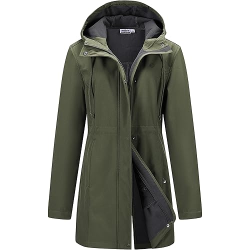 Outdoor Ventures Women's Lightweight Waterproof Fleece Lined Hooded Softshell Rain Jacket, Warm Windbreaker Long Coat