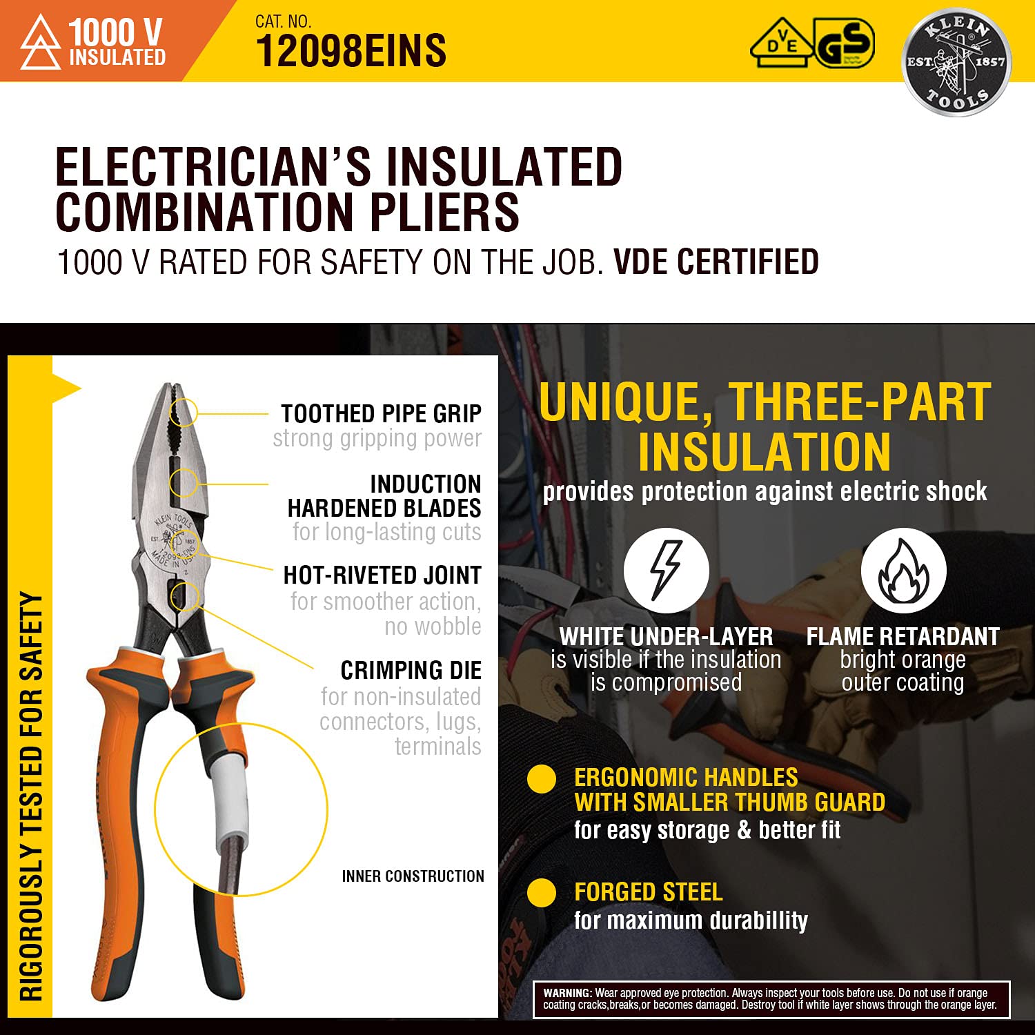 Klein Tools 12098EINS Alicates combinados aislados con aislamiento de 3 partes certificado VDE, troquel de crimpado y agarre de tubo dentado