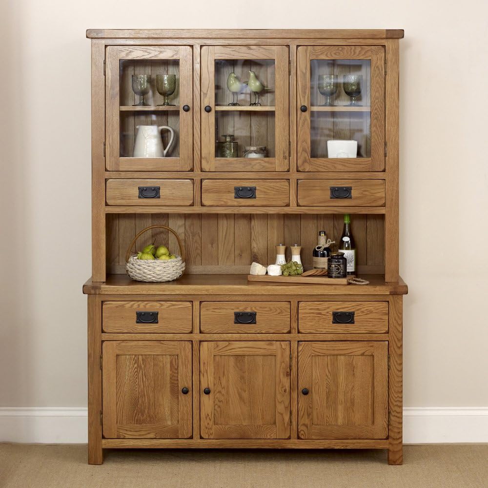 The Furniture Market Rustic Oak Large Glazed Dresser โ Timeless Solid Oak Storage, Glazed Display Cabinet, 3 Doors, 3 Drawers, Removable Shelves, Premium Quality - H 1875mm x W 1390mm x D 425mm