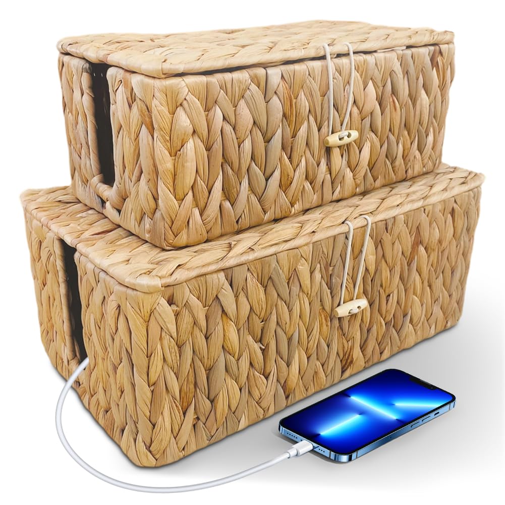 Pudełko Na Kable Bambusowe, Ręcznie Wykonane Rattanowe Organizator Do Zarządzania Kablami Z Osłoną I Bocznym Otworem Do Ukrycia Kabli, Duży Rozmiar 40 X 17 X 17 Cm