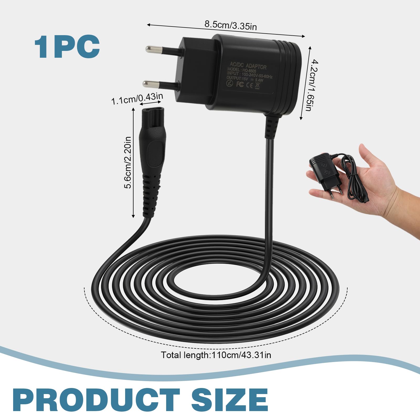 Adattatore per rasoio 15 V, alimentatore di ricambio con connettore USB, compatibile con Philips Series 3000 5000 7000 9000, QP6510 QP6520 MG7745 MG7730 MG7720, RQ HQ AT PT QC QG BT