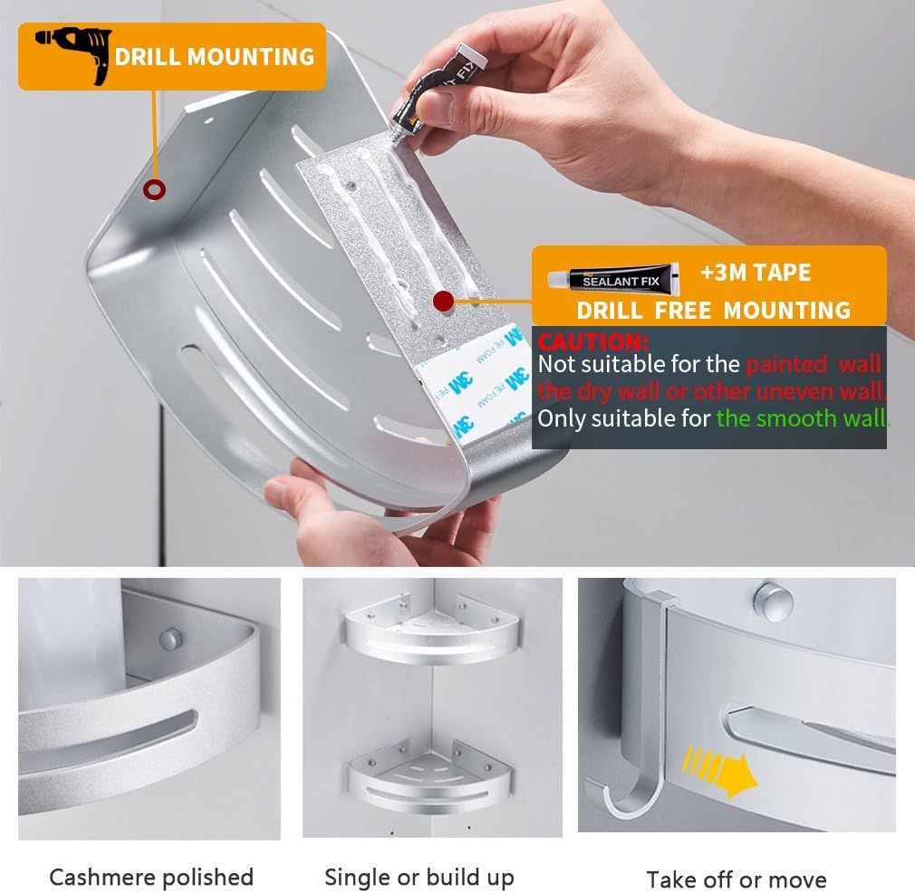 BESy Shower Corner Caddy Bathroom Shower Corner Shelf with Two Hooks, Self Adhesive with Glue or Wall Mount with Screws,Heavy Duty Aluminum 1 tier Storage Shelves Triangle Baskets,Dull Polished Silver