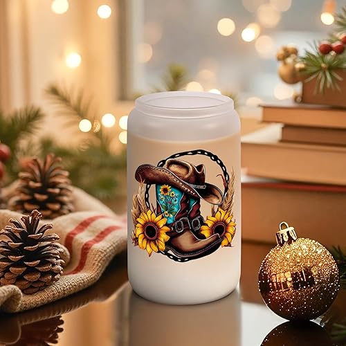 Miniatura 7 de LEADO Tazas de sombrero de vaquera occidental, tazas de vidrio con botas de vaquera, tazas de café helado helado esmerilado de 16 onzas con tapa y