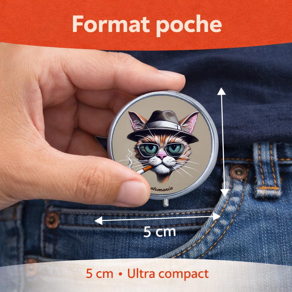 Cendrier de poche Pause Chat – Message humoristique – Chat stylé lunettes & chapeau – Étanche anti odeur – Acier inoxydable – Porte clé amovible – Compact 5 cm 70 g – Accessoire fumeur fun – Atomania