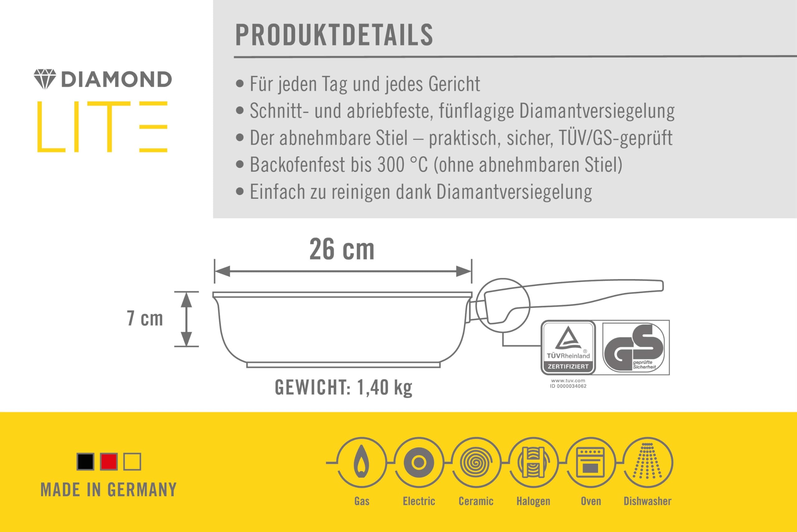 Woll Diamond Lite patelnia z wysoką krawędzią Ø 26 cm ze zdejmowanym trzonkiem – patelnia nieprzywierająca z odlewu aluminiowego, nadaje się do piekarnika, nadaje się do ceramicznych, gazowych