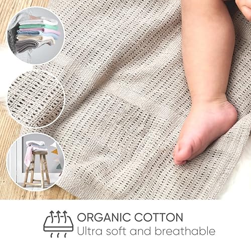 Bloomsbury Mill - 2-Pack 100% Organic Cotton Cellular Baby Blankets with Gifting Ribbon – Soft, All Natural & Breathable - Nursery/Stroller/Bassinet/Crib - Cream