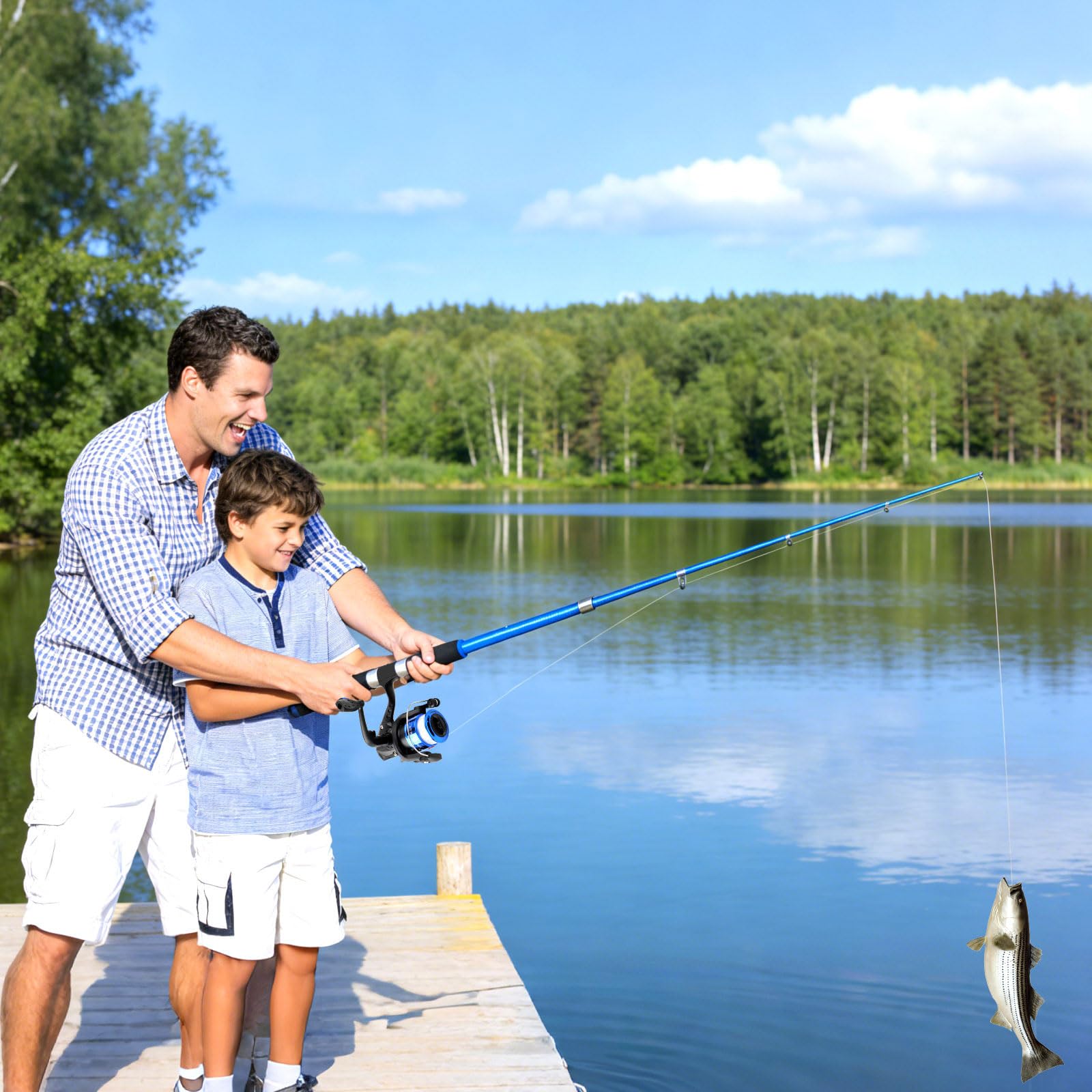 Juego de Caña de Pescar para Niños Principiantes, Kit de Pesca Completo con 1.8m Caña de Pescar Telescópica Carrete Spinning Señuelos 100 m Sedal Sacadera de Pesca y Bolsa de Transporte