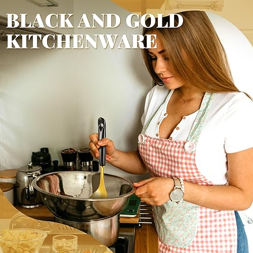 Miniatura 6 de Juego de utensilios de cocina negros y dorados, 7 piezas de acero inoxidable de regalo con estante para colgar, cuchara ranurada, espátula ranurada,