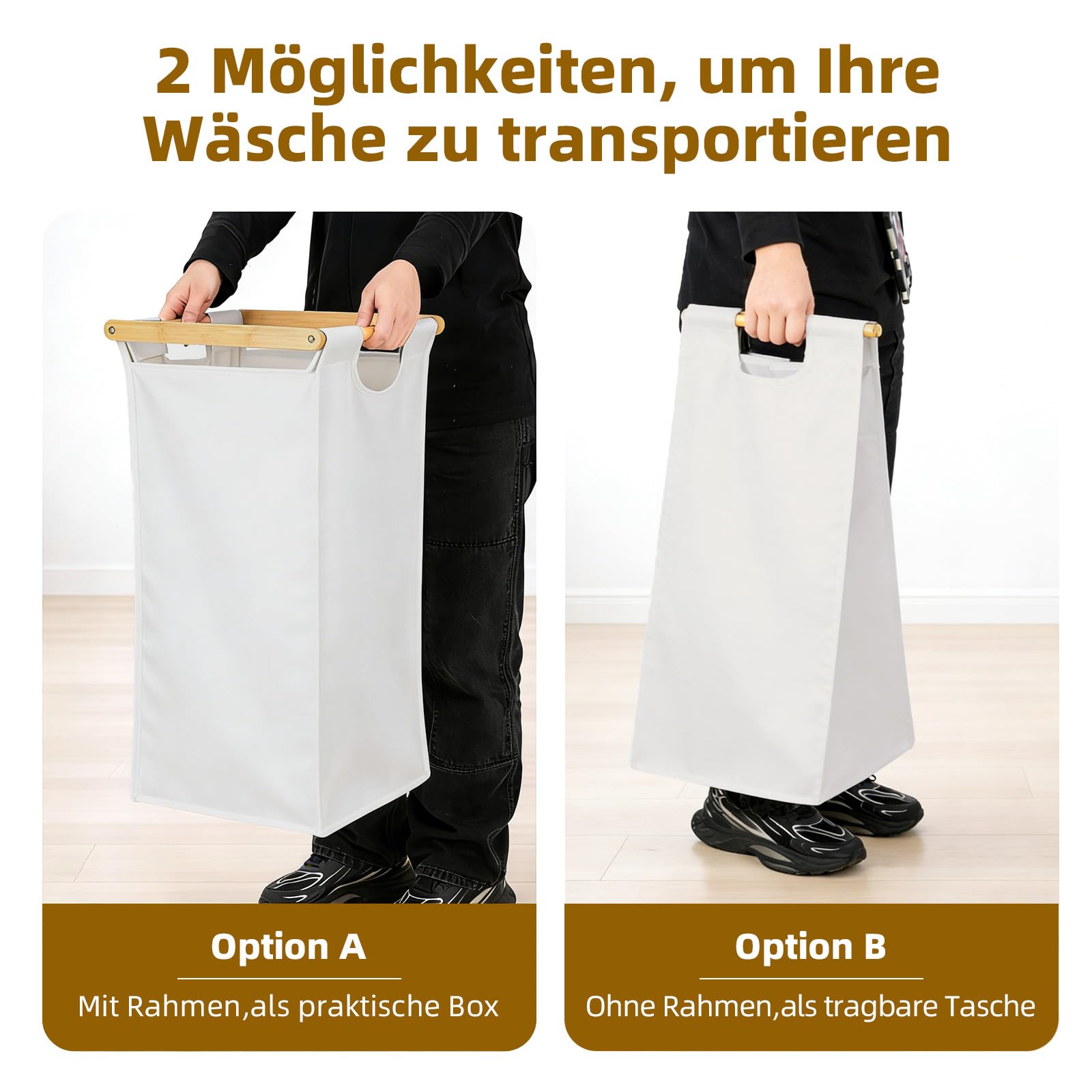 Wäschekorb 2 Fächer 100L, Bambus Wäschesortierer mit Ablage&Seitentasche, quadratischer Wäschesammler mit herausnehmbaren, stabilen Säcken, platzsparend (Beige, Modelle mit Erhöhsohle)