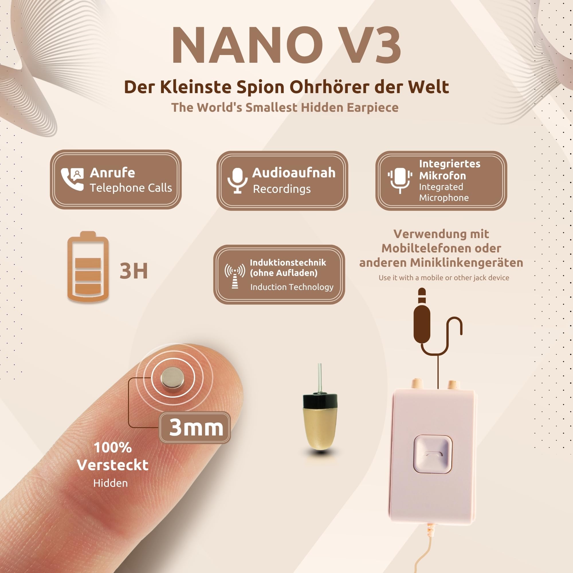 PingaOculto SpionageKopfhörer Prüfungshilfe (Nano V3 + VIP Pro Supermini)