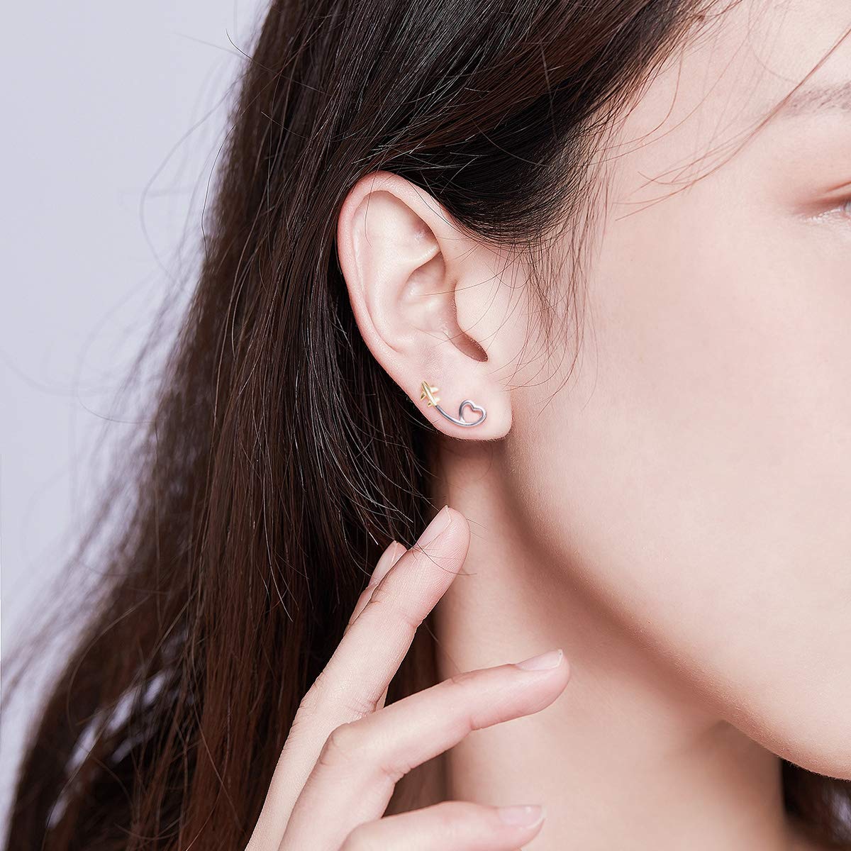 NEWL Orecchini a lobo a forma di cuore in argento Sterling 925 a forma di aereo, orecchini lunghi per ragazze, regali coreani