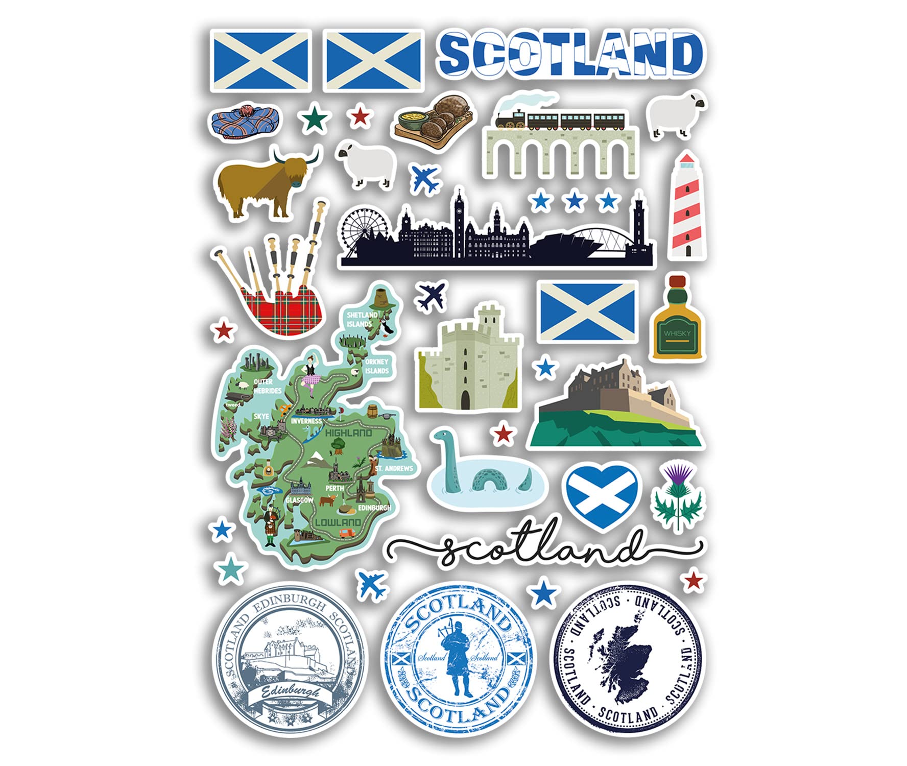 DV DESIGN A4 Sticker Sheet Scotland Landmarks Vinyl Stickers - Scottish City Map Airport Stamp Skyline Flag Travel Holiday Culture Aesthetic #79983