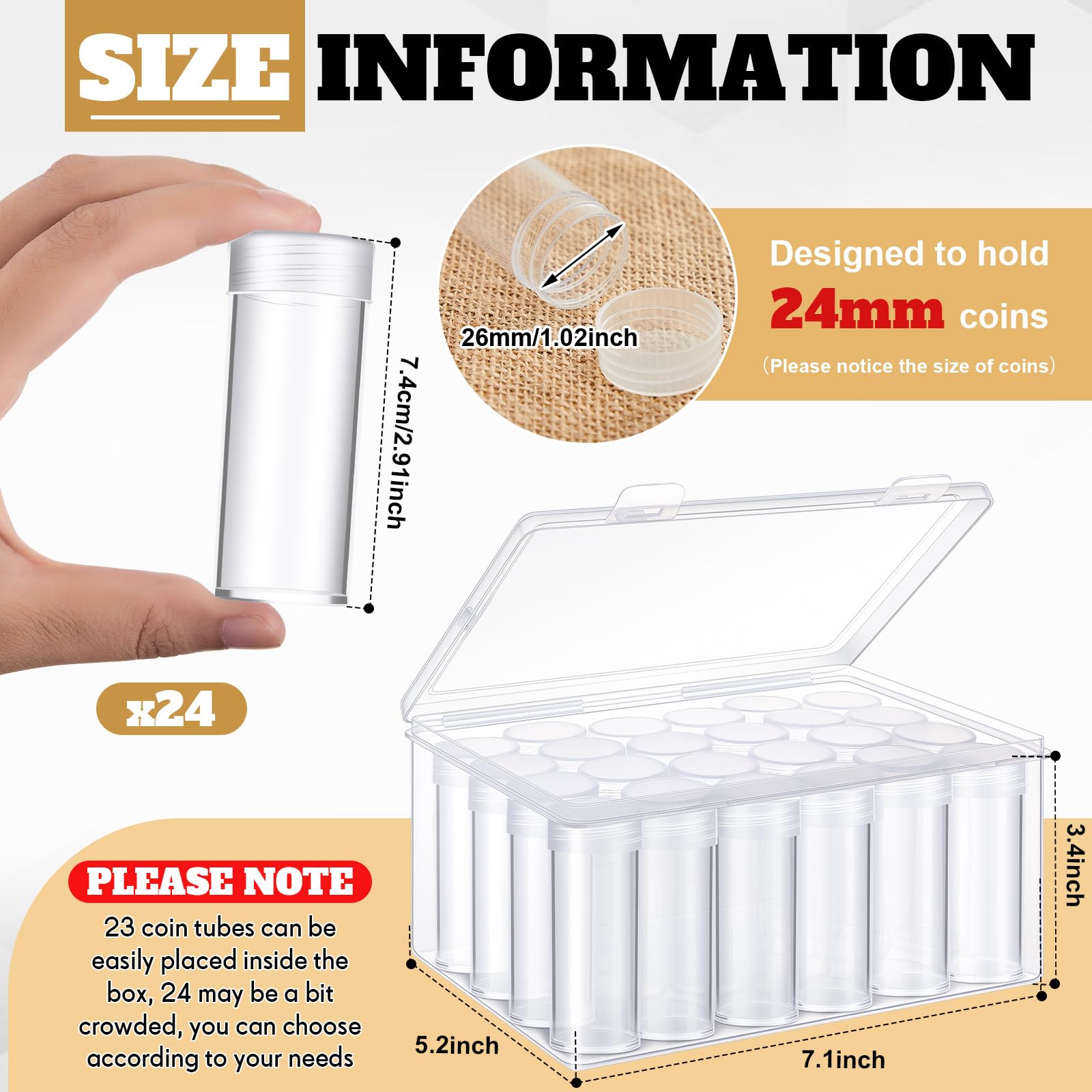 Qunclay 24 tubi per monete da un quarto con 1 scatola di plastica trasparente con coperchio per forniture da collezione di monete, 7,6 x 2,5 cm