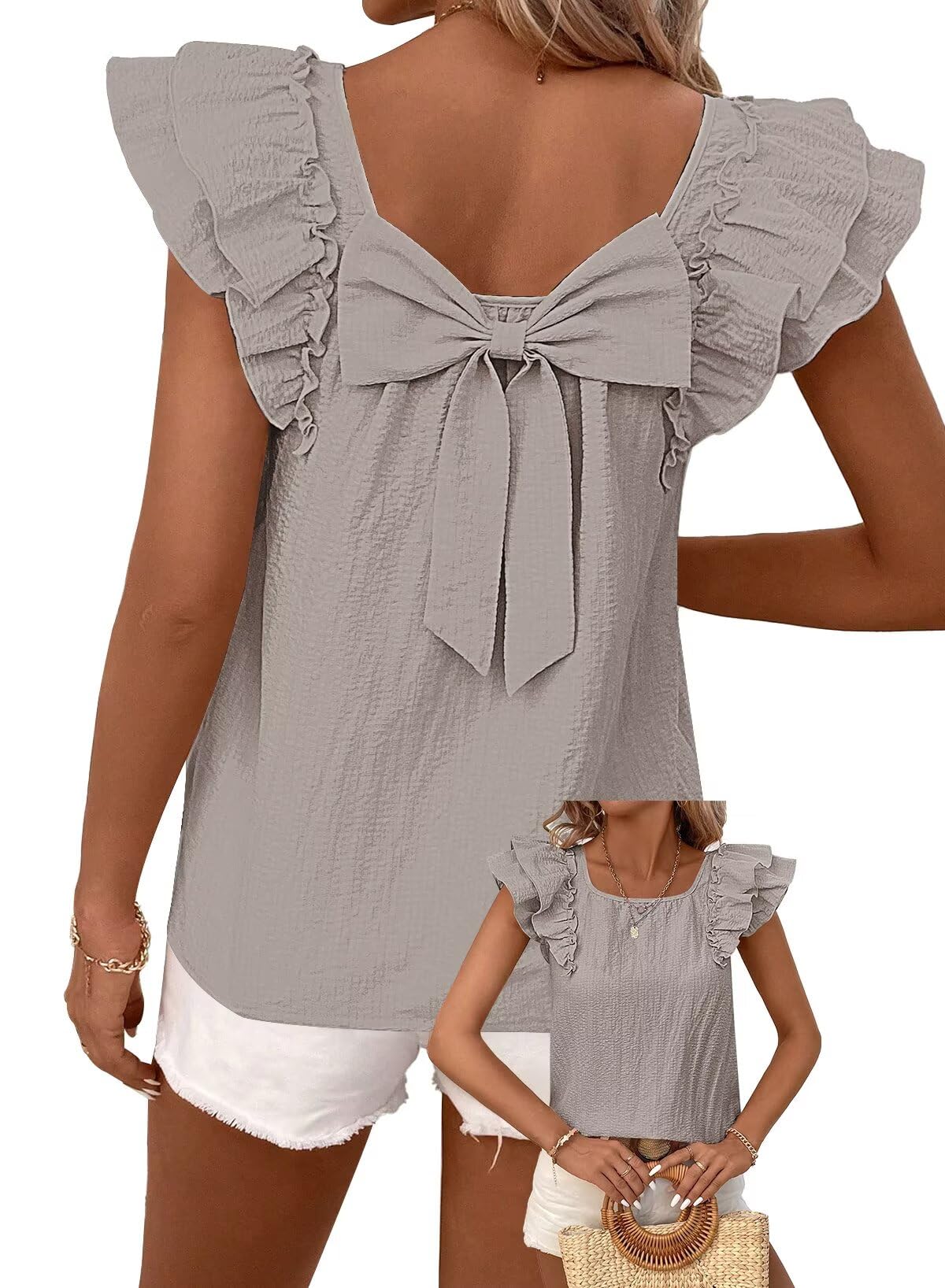 Falechay Womens Bow Tie Back Tops Babydoll Vneck Ruffle Short Sleeve Shirts