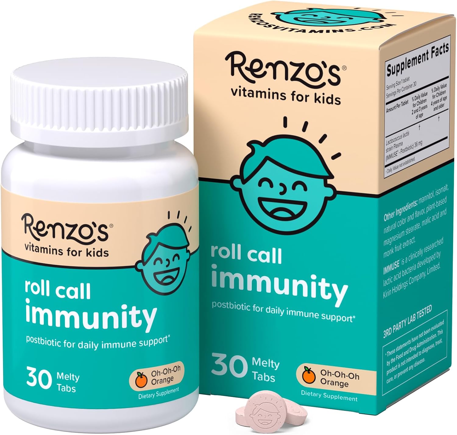 (Exp 07/2027 ) Renzo's Roll Call Immunity - Dissolvable Kids Immune Support Supplement with IMMUSE Postbiotic, Sugar-Free Kids Vitamins, 30 Orange-Flavored Melty Tabs