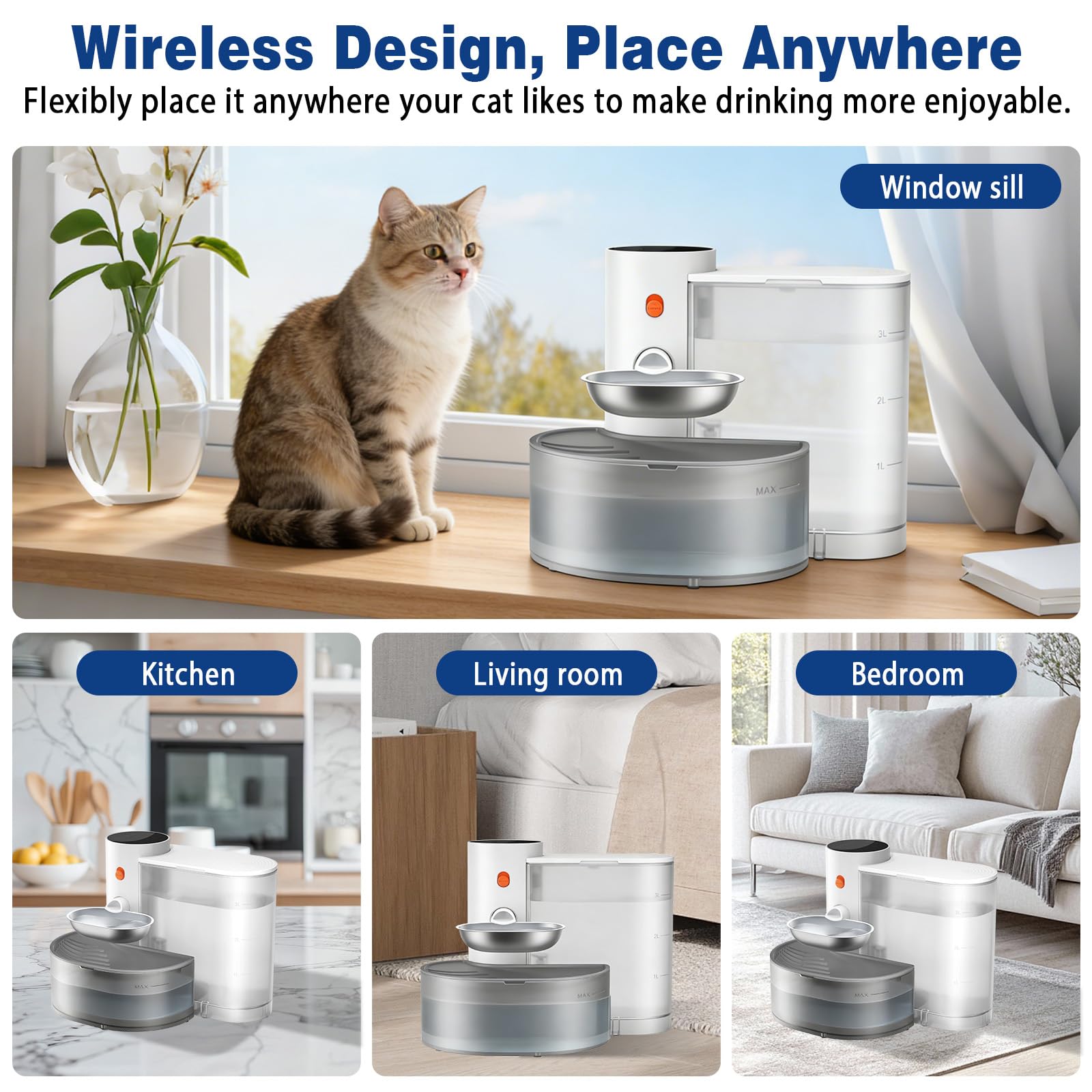 3.8L Fuente para Gatos sin Cable:,Bebedero automatico Gatos Sin Filtro e Inalámbrica con Batería 2000mAh Sistema de Separación de Agua Usada Cuenco de Acero Inoxidable Blanco