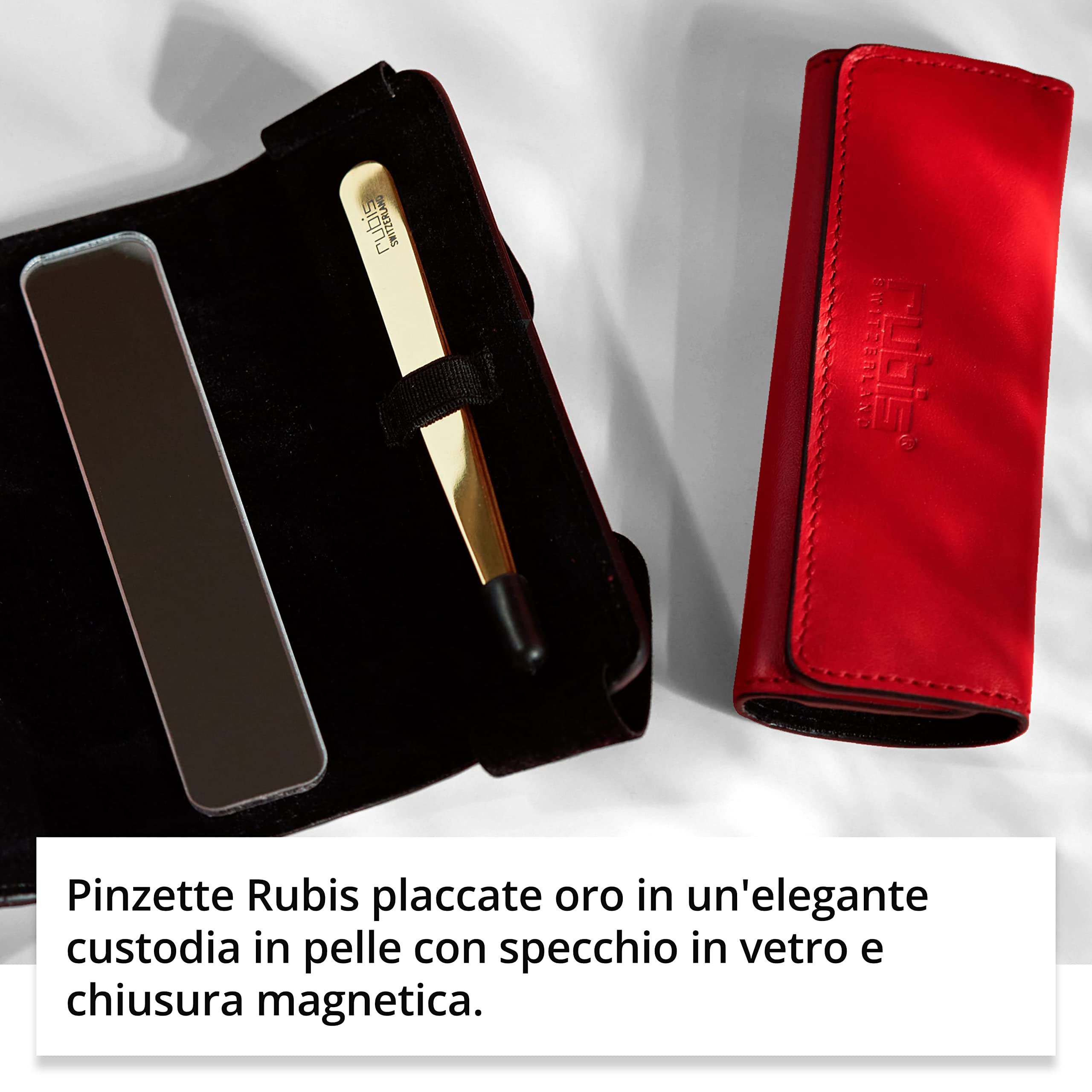 Rubis Pinzette oro – Pinzette per sopracciglia oblique in pelle rossa con specchio cosmetico piccolo per la borsa – punta obliqua per la depilazione