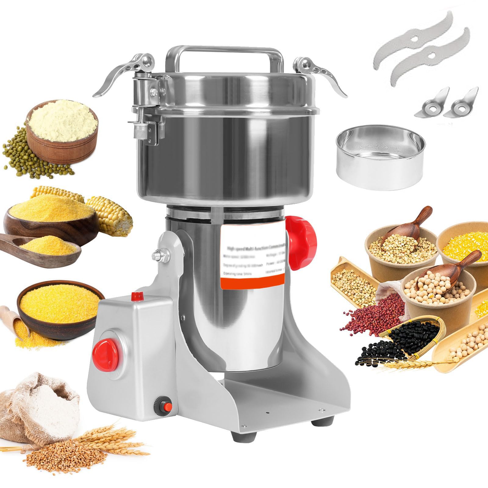 GSHSHOU High Speed Food Electric Stainless Steel Grinder Mill Seeds,Electric Grain Mill,35000r/min,Flour Nut Pill Wheat Corn Herbs Spices & Seasonings Dry Grinder 1500G