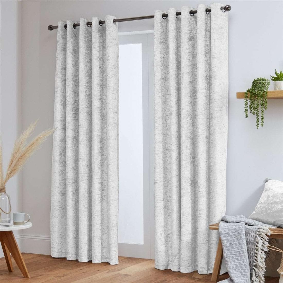 John Aird Crushed Velvet Fully Lined Eyelet Curtains (White, 66" Wide x 72" Drop)