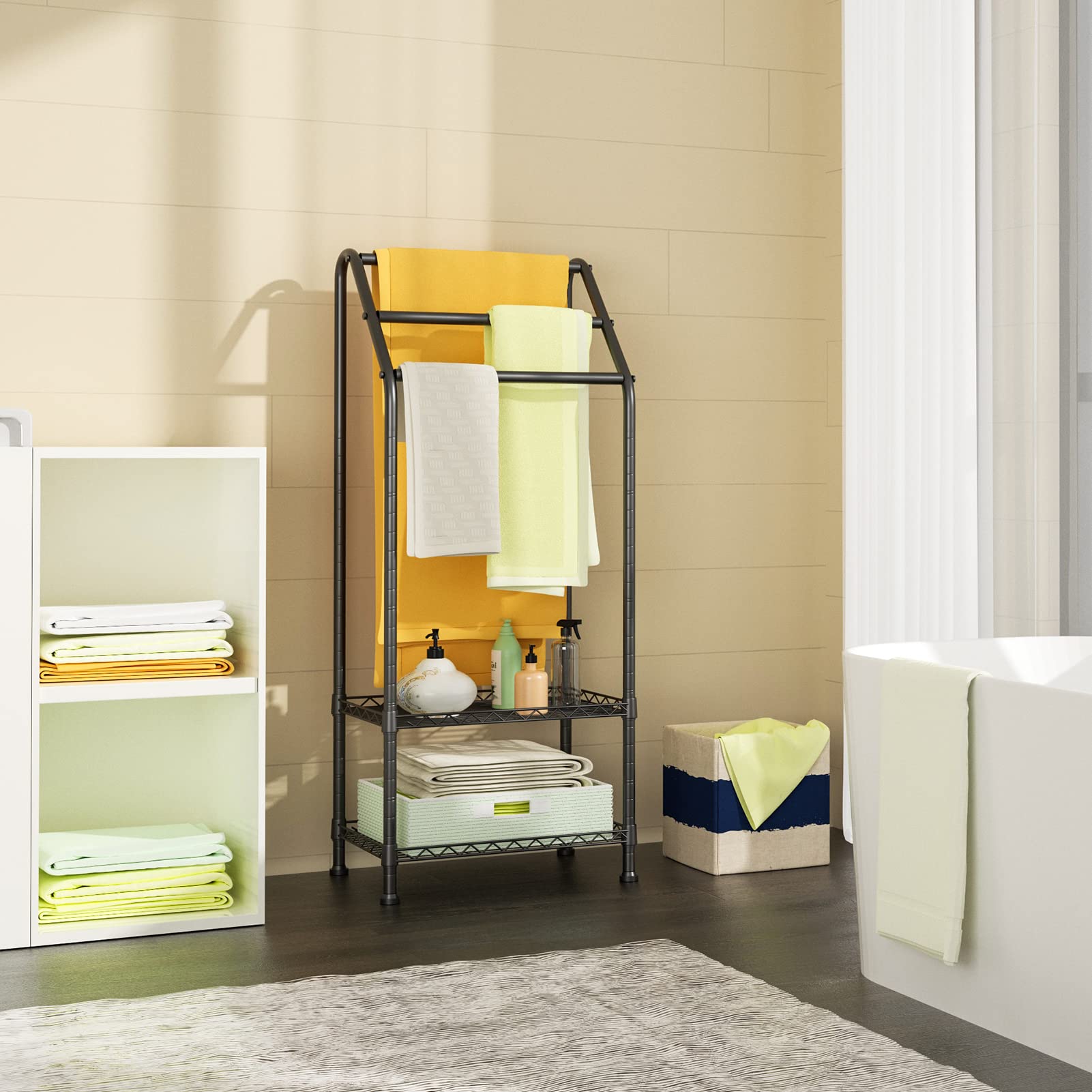 FUTASSI 3 Tiers Free-Standing Towel Rack, 51.2" Portable and Adjustable Metal Bathroom Storage Organizer, Lightweight Bath Towel Standing Shelf for Swimming Pool, 51.2â€?H x 16.1â€?W x 11.8â€?D, Black