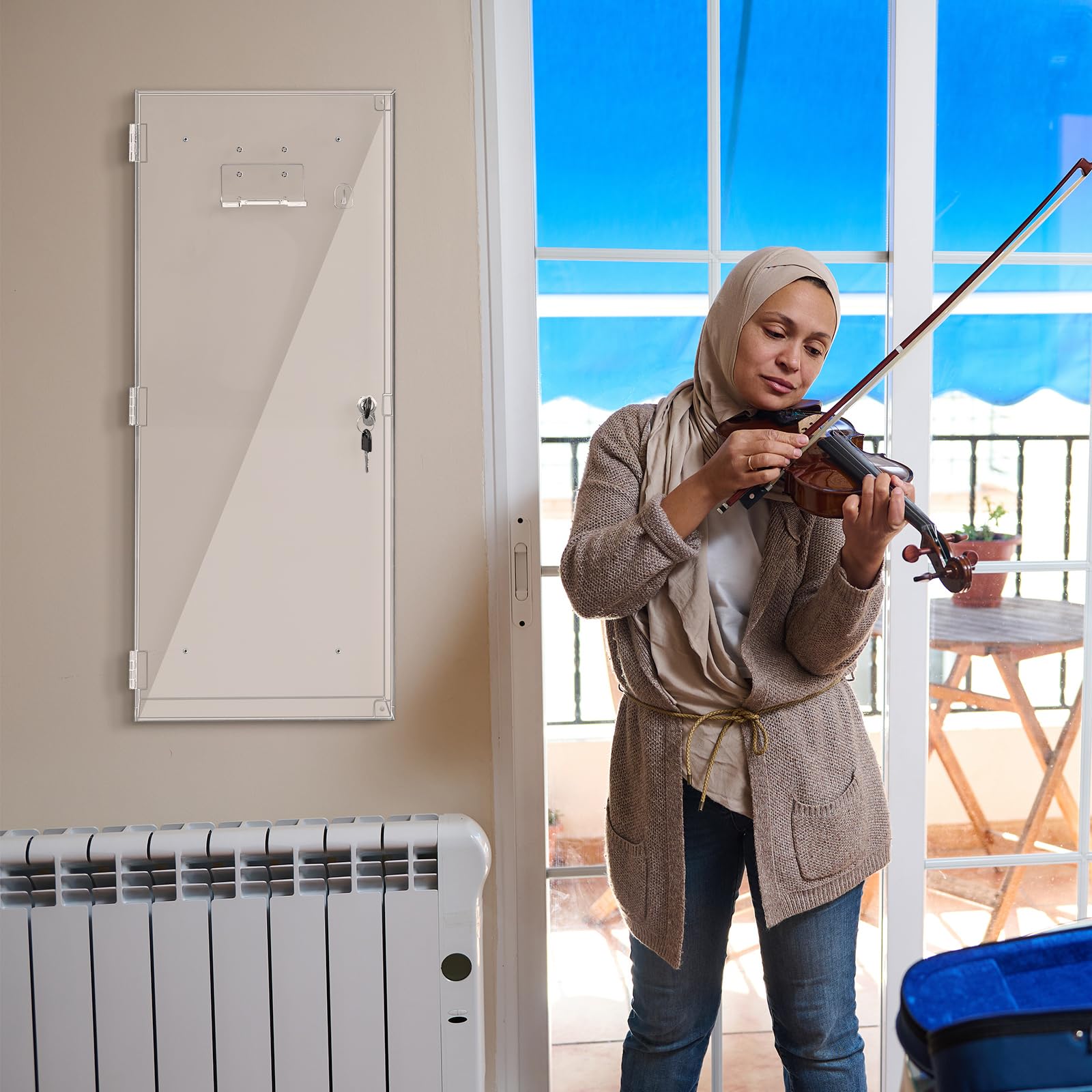 Silipull Geige Acryl Vitrine mit Schloss Schlüssel Magnetische Tür Ukulele Fiddle Vitrine Shadow Box mit Aufhänger 29,5 x 12 x 4,75 Zoll Violinenkoffer für Musiker Sammlung