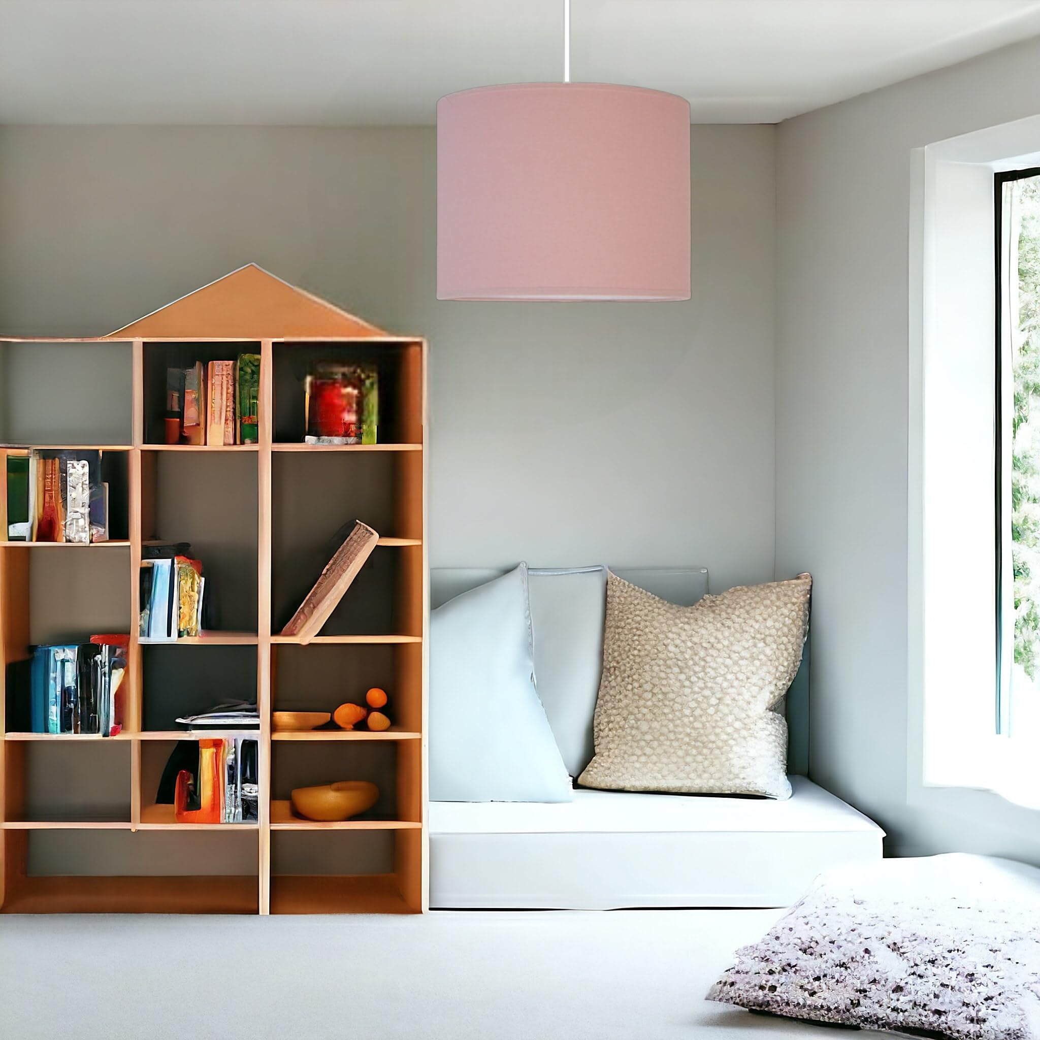 Lampada da soffitto 1xE27, paralume rotondo in cotone Ø28cm, lampada a sospensione per cameretta bambini, camera da letto, soggiorno. Prodotto nell'UE.